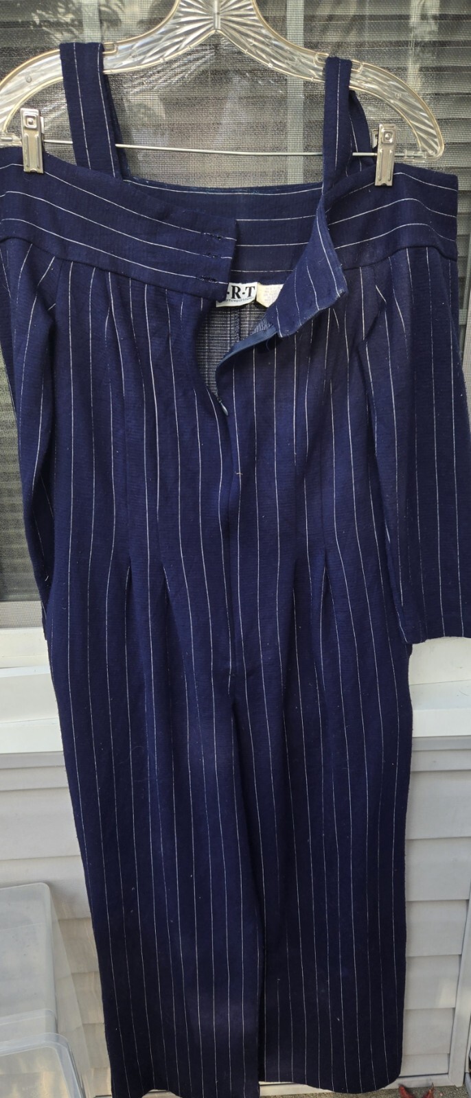 Vintage JRT By Newport News 90s Navy Blue Pinstripe Romper Off Shoulder One…