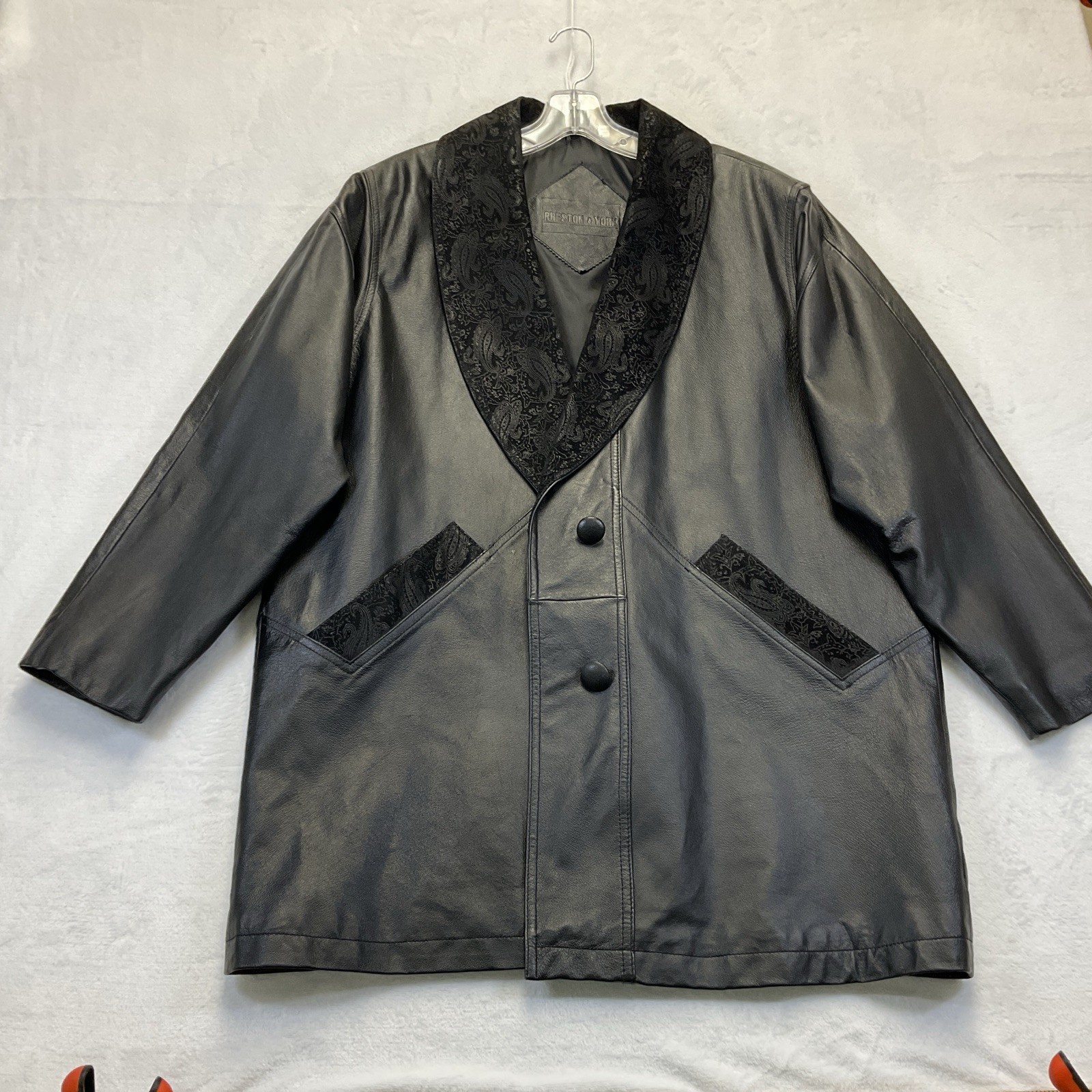 Vtg 80s Preston & York Leather Coat sz PL Black Embossed Paisley Suede Modern