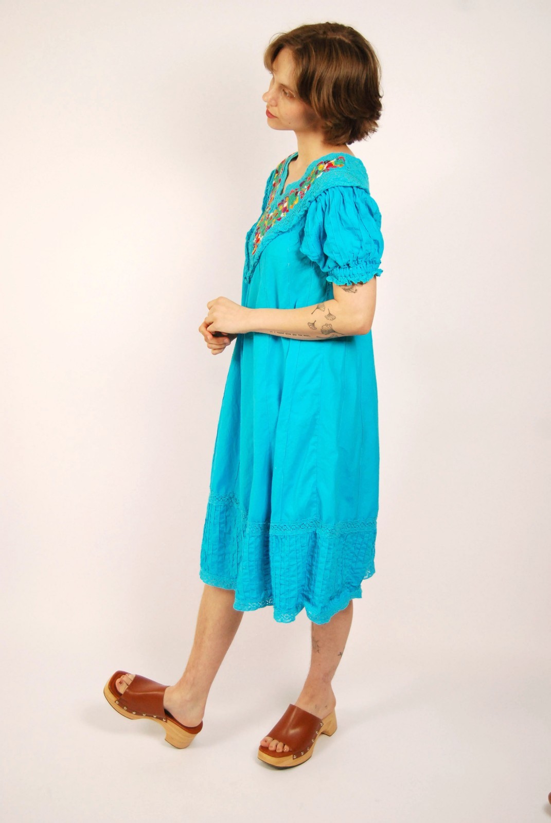 70s Mexican Embroidered Dress (L) large blue vintage shift floral boho sundress
