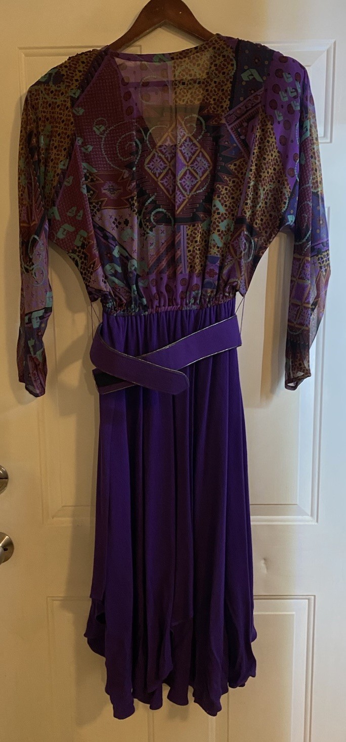 Vintage Spencer Alexis Purple Dress with Belt Geometric Print Sheer Womens 8
