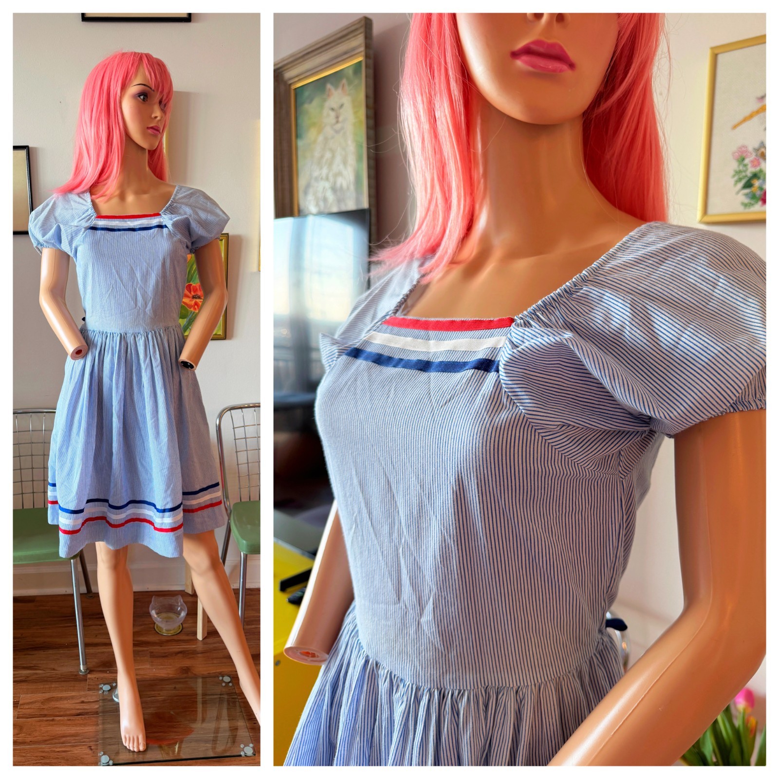 ⚓ Vtg 70s Sailor Nautical Patriotic Square Dance Rockabilly Circle Skirt Dress S
