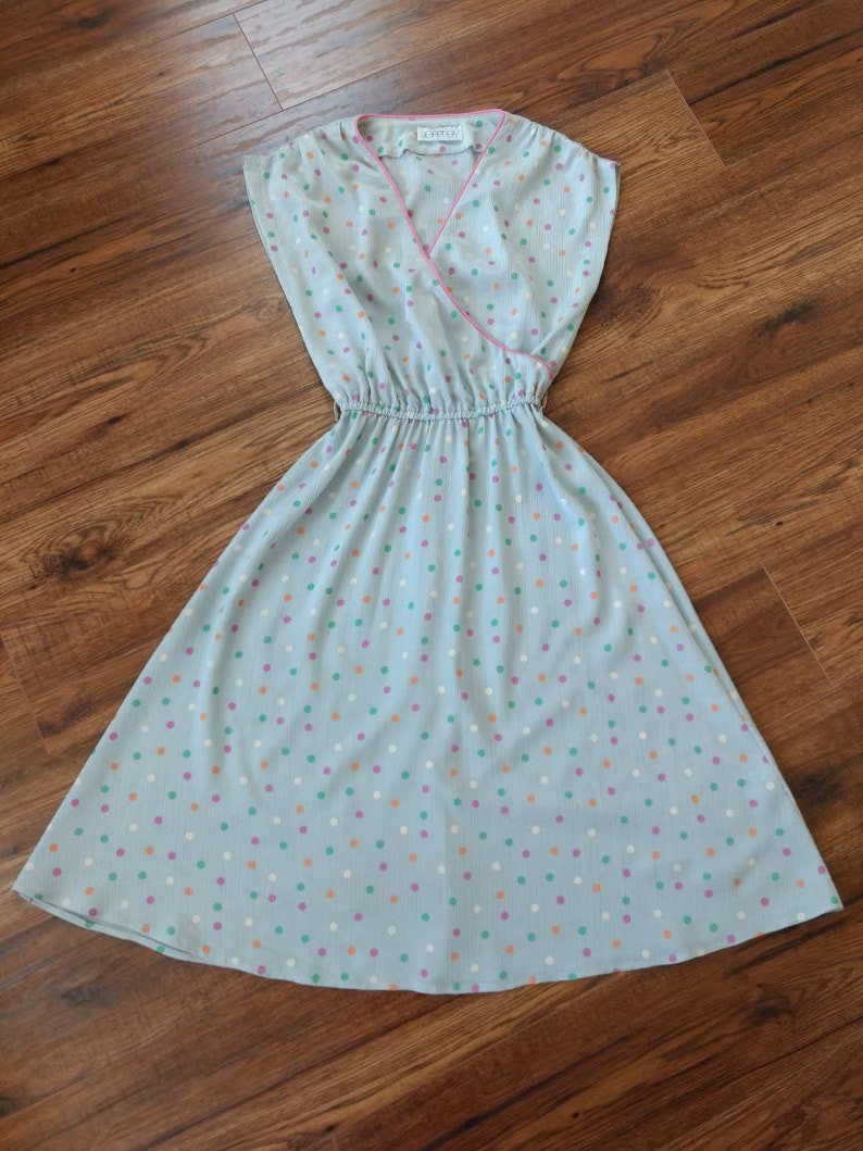 Vintage 80s Polka Dot Dress Gray Pink Green Orange White Crossover Bust