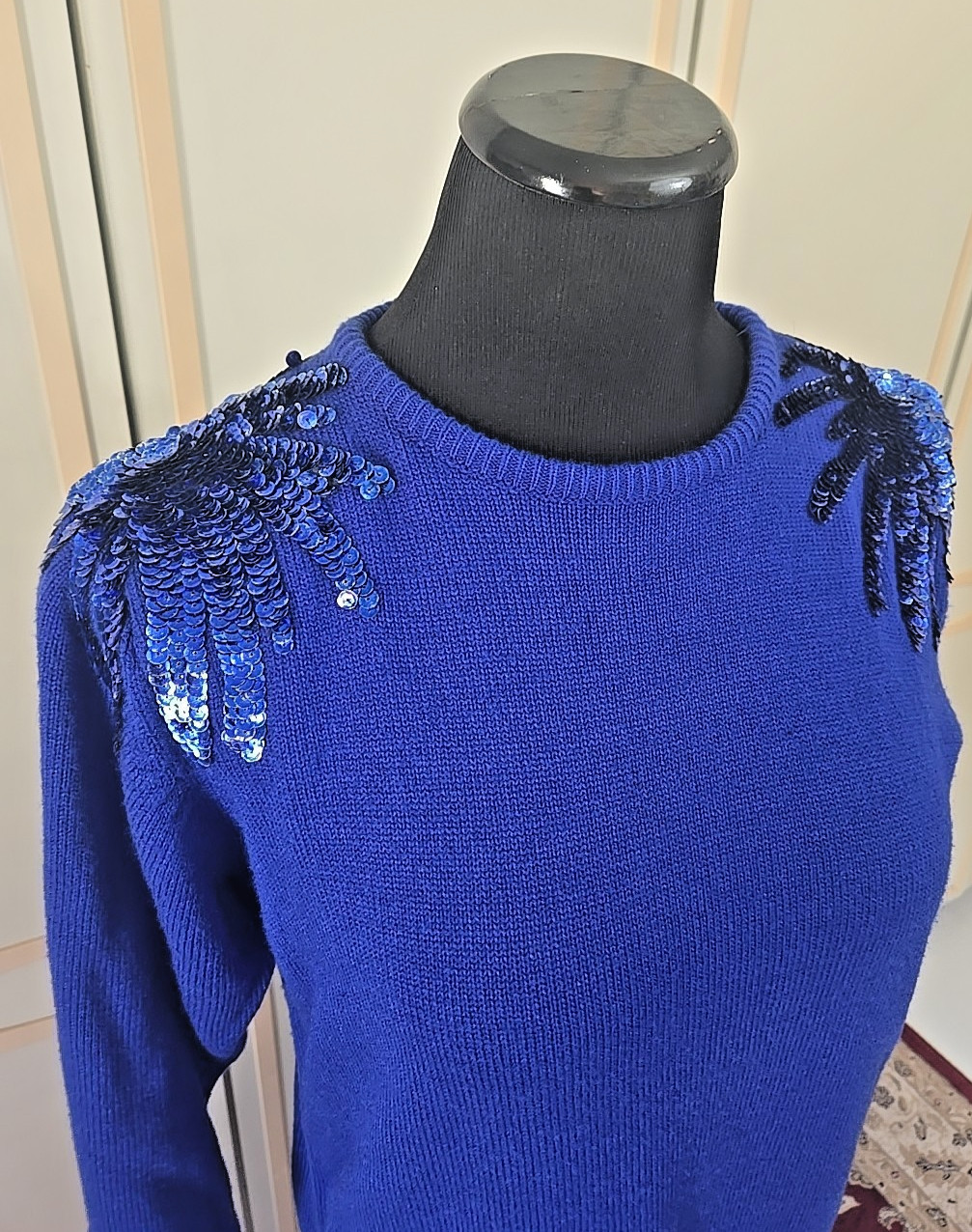 Vintage 80s Blue Sweater Dress by Plain Jane~ Knee-Length, Sequin Details, M