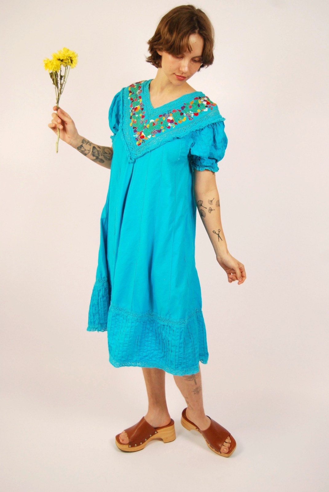 70s Mexican Embroidered Dress (L) large blue vintage shift floral boho sundress