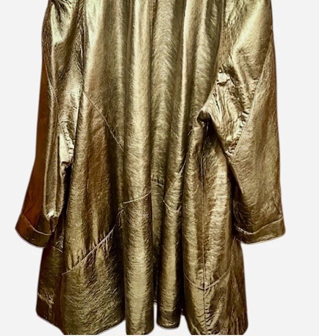 VTG 80s Kanar Gold Lame Metallic Leather Swing Coat Hollywood Glam XL / 2XL
