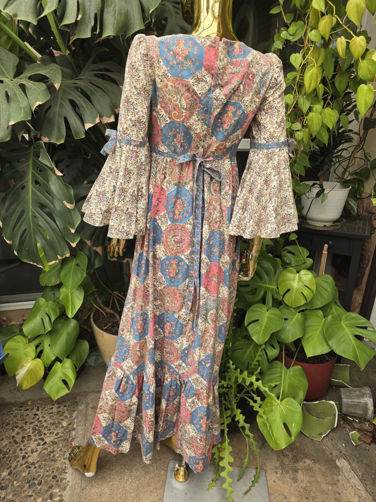 Vintage 1970s Vicky Vaught Prairie Maxi Dress Floral Patchwork Bell Sleeve S