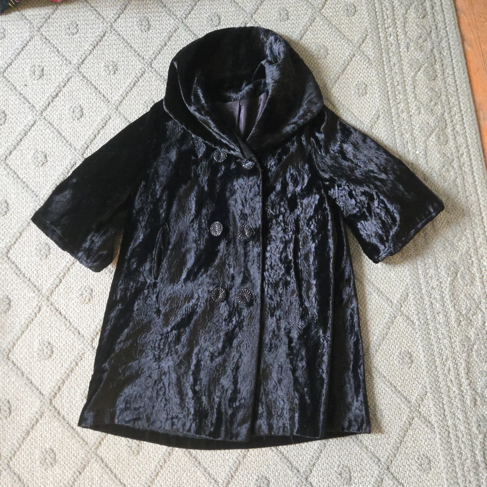 1960s Vintage Swing / Opera Coat Black Faux Fur ILGWU Union Made Double Breasted