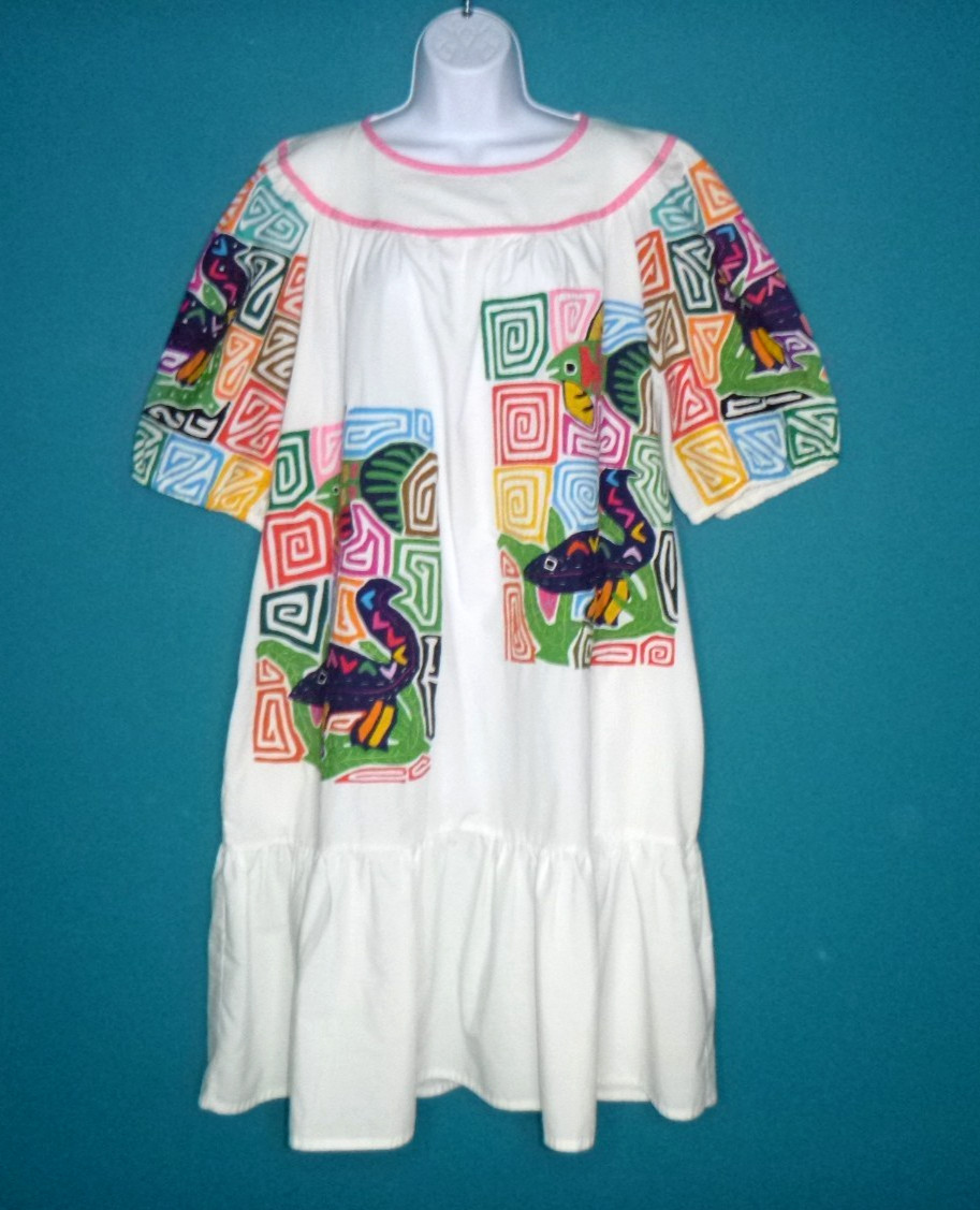 Vtg 70s Seds Crafts Mola Panama Reverse Applique Dress Fish Geckos One Size