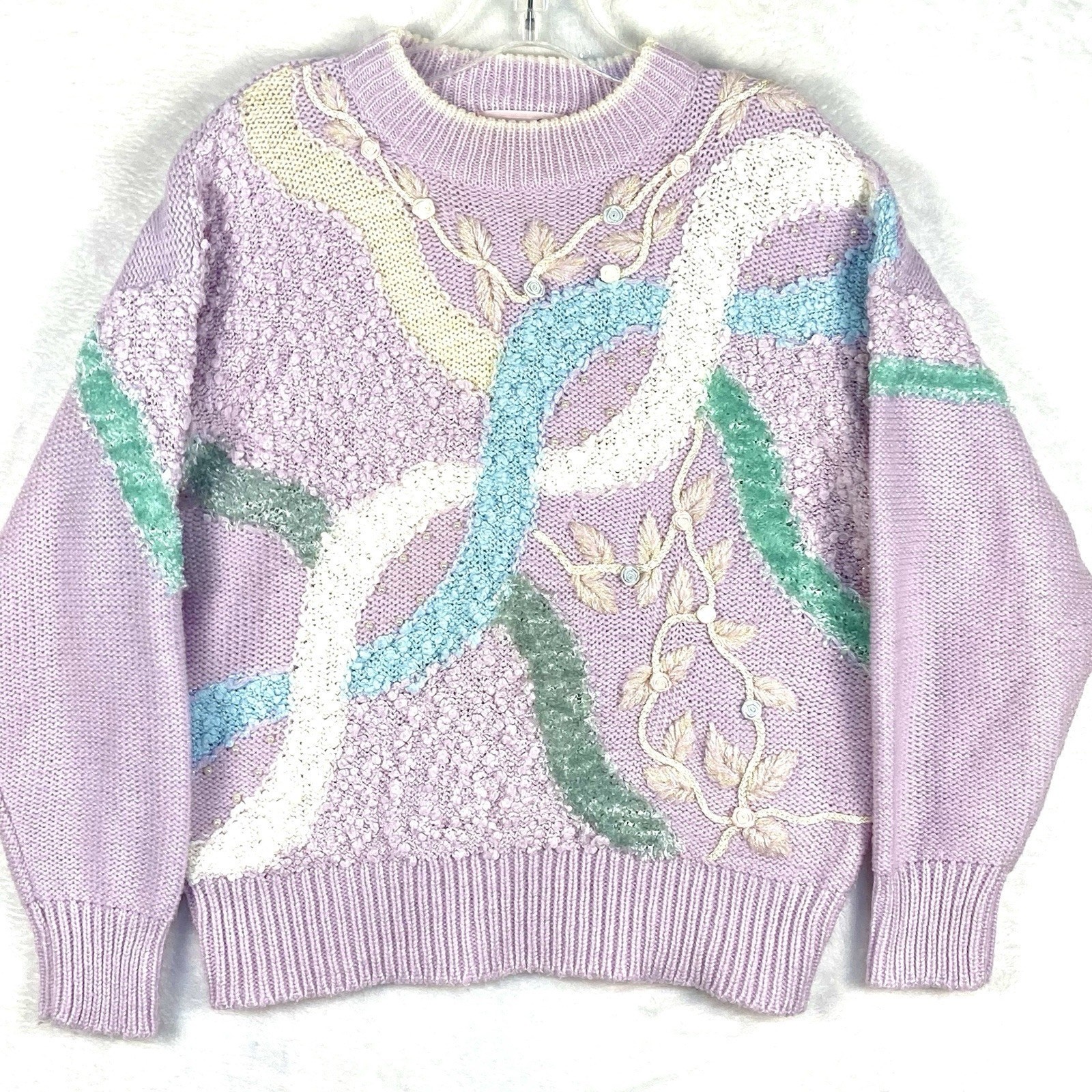 VTG Jaclyn Smith Sweater Women M Purple Pastel 3D Knit Pearl Embroidered 80s 90s