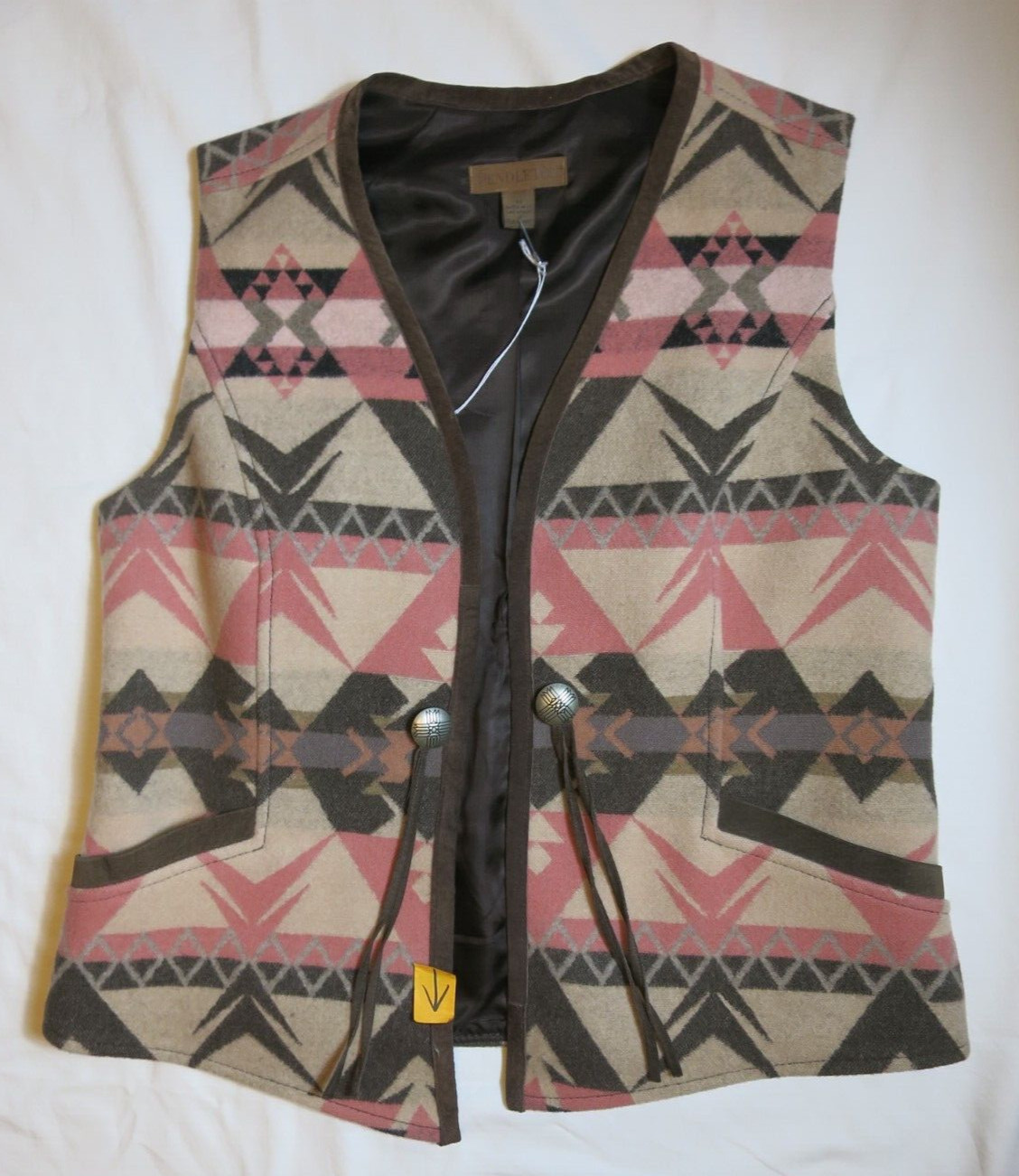 Vtg Pendleton Vest Wool Suede Trim Brown Beige Salmon Tassels Southwest Medium