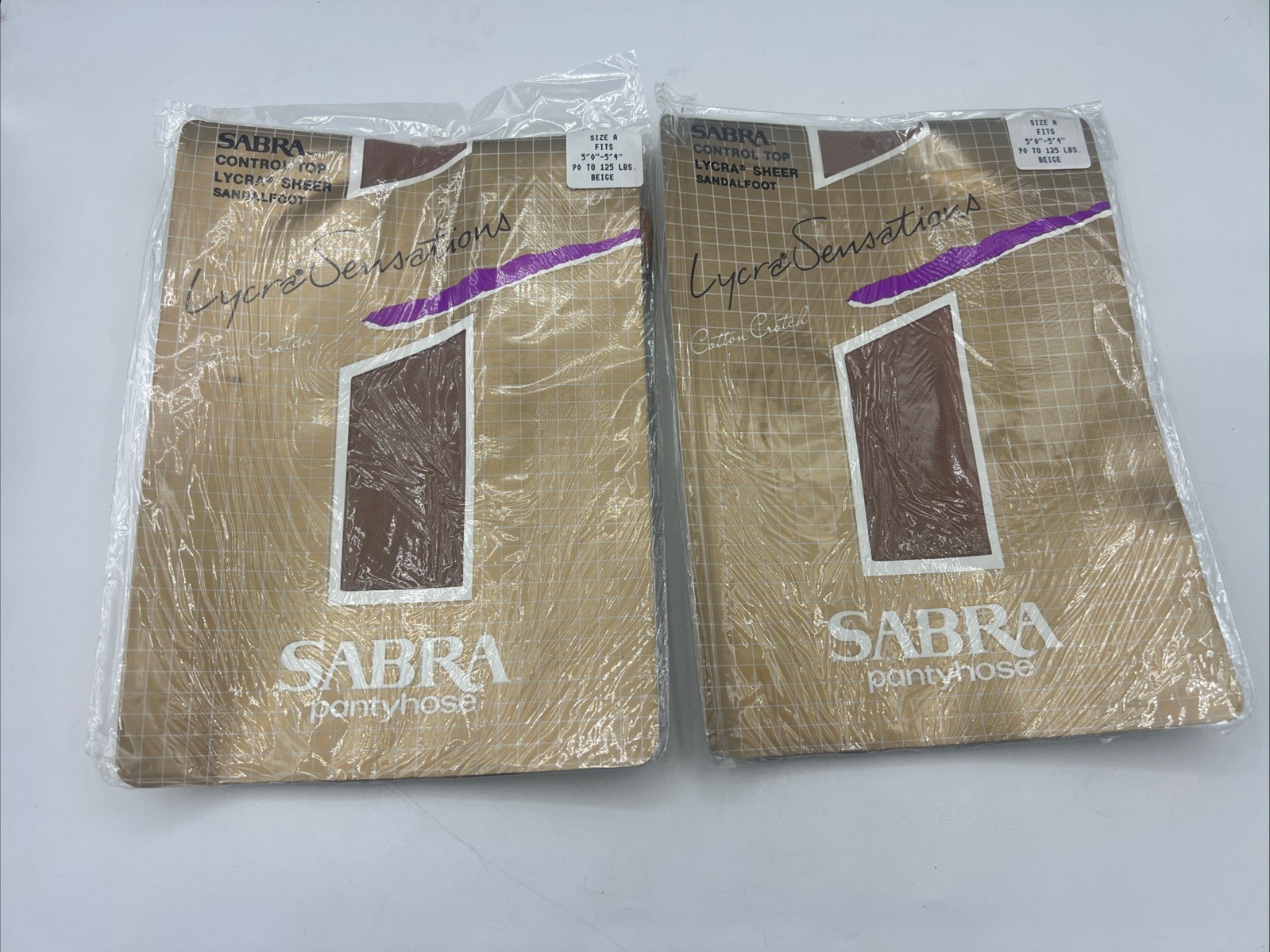 2 VTG Sabra LycraSensations Pantyhose Size A Beige Cotton Crotch Sandalfoot