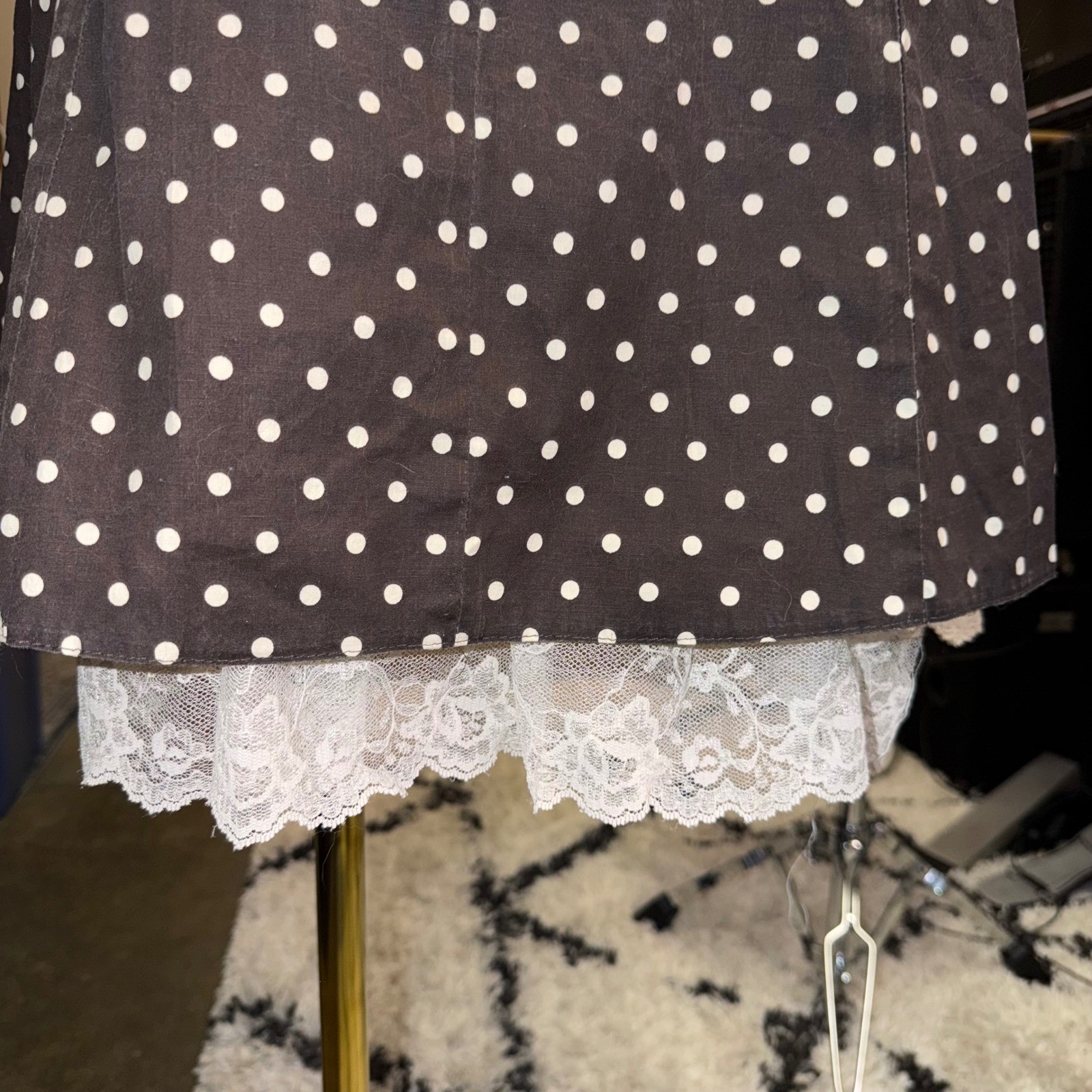 Vintage I.N. San Francisco Y2K Polka Dot Dress Bow Lace Hem Brown White Size 11
