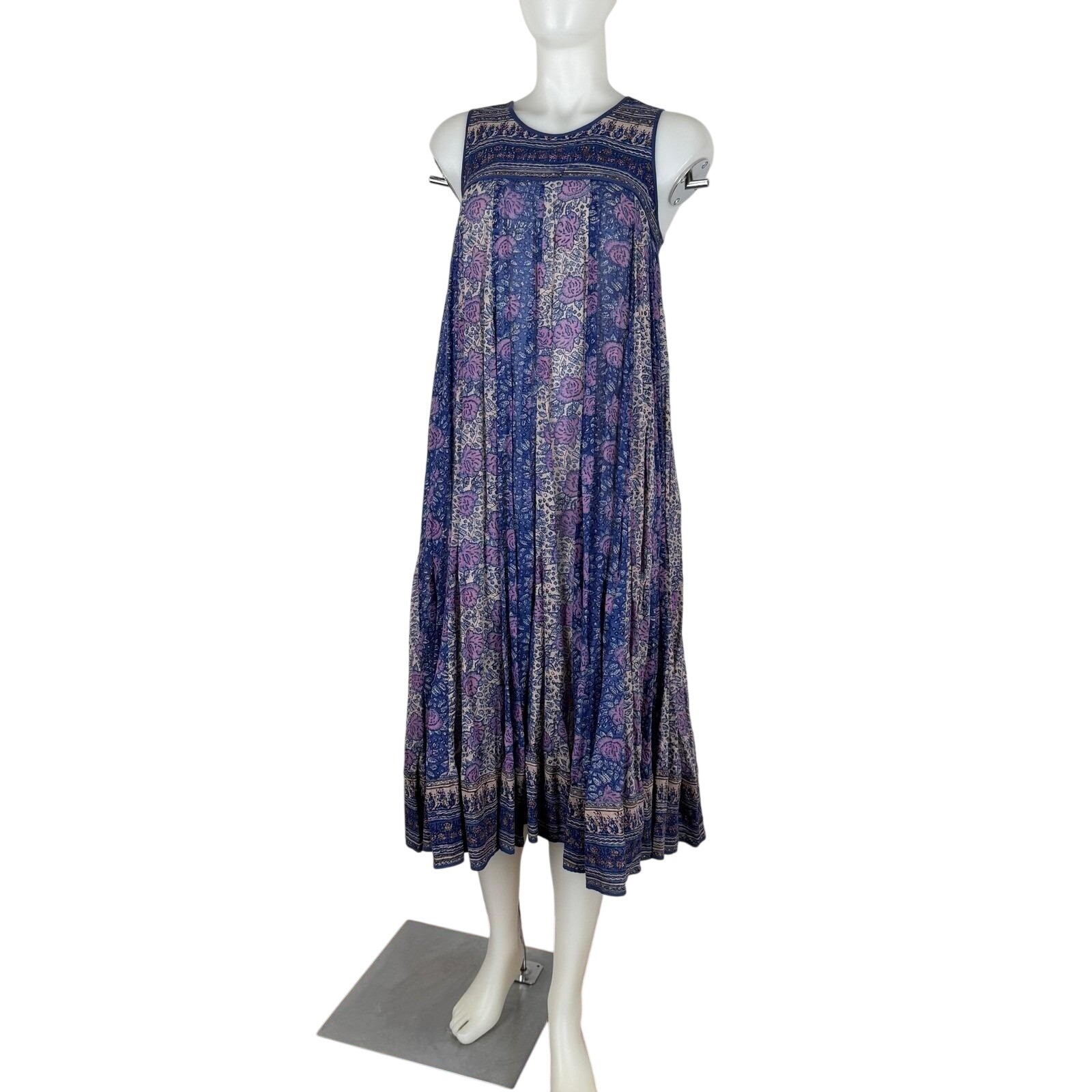 Vintage 70s Phool Indian Block Print Bib Midi Sleeveless Hippie Boho Cotton XS