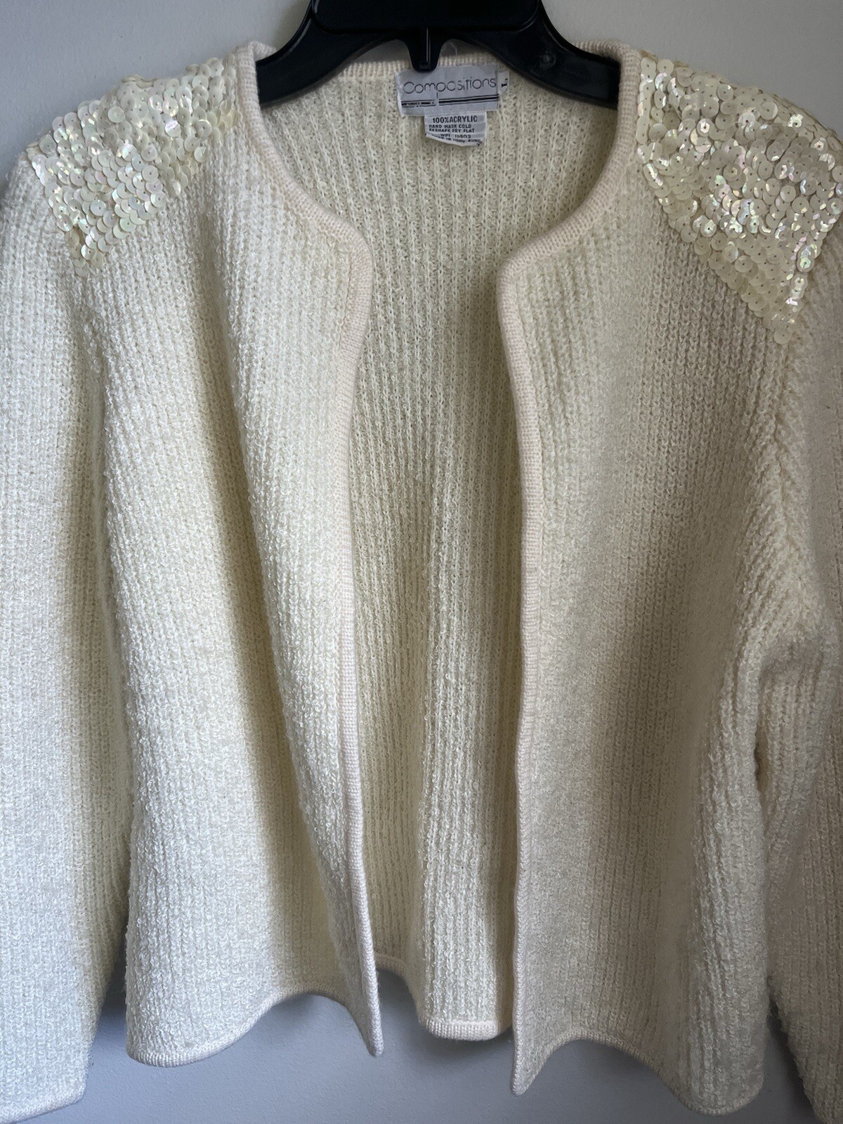 Compositions Vintage Sweater Knit Cardigan Open Front 70s Chunky Sequins Large