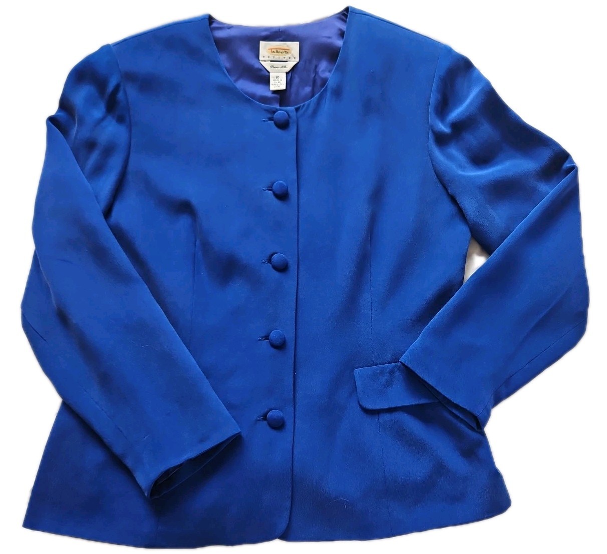 Talbots Petites Pure Silk Suit Jacket Career Cobalt Blue Covered Buttons Size 10