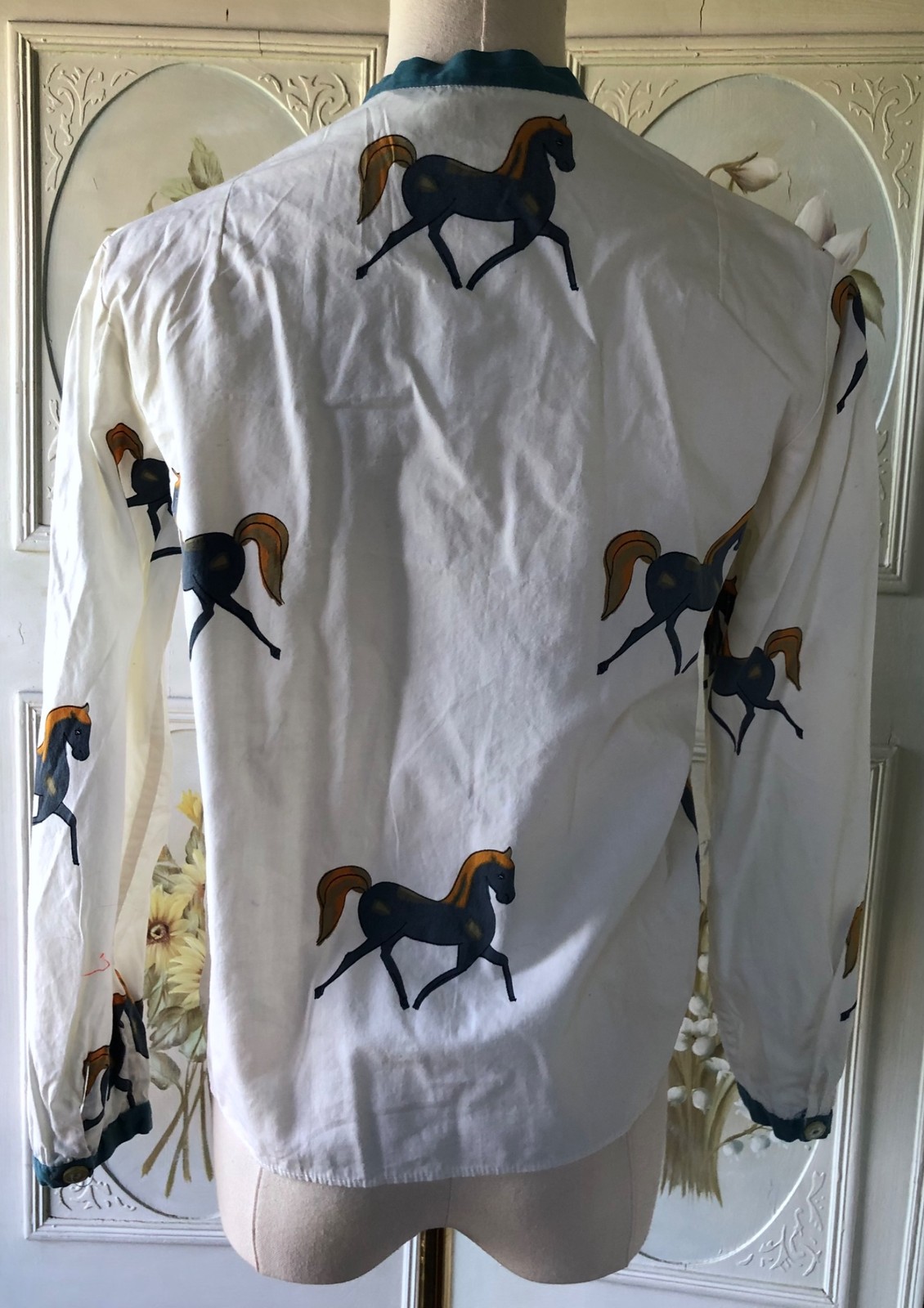 VTG 80s CRAZY HORSE SPORTSWEAR NOVELTY COTTON SHIRT HORSE PRINT CREAM BLUE 11/12