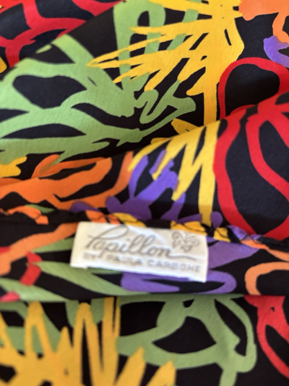 Vtg Papillon by Paula Corbone Nightgown Bold Print Handkerchief Hem USA Small