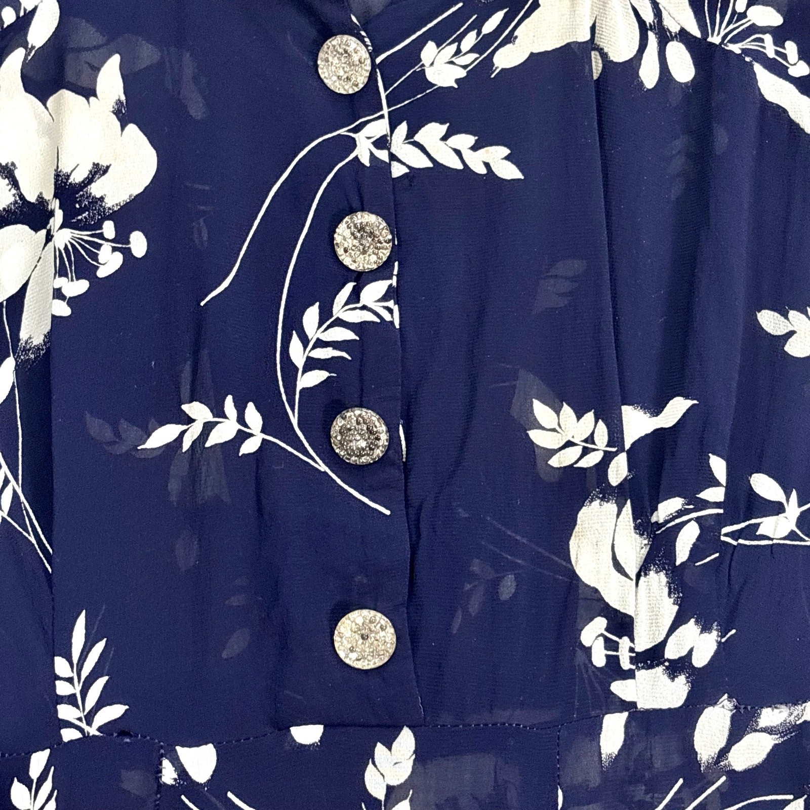 Vintage 1940s Silk Chiffon Shirtwaist Dress Navy Blue Tropical Floral Print