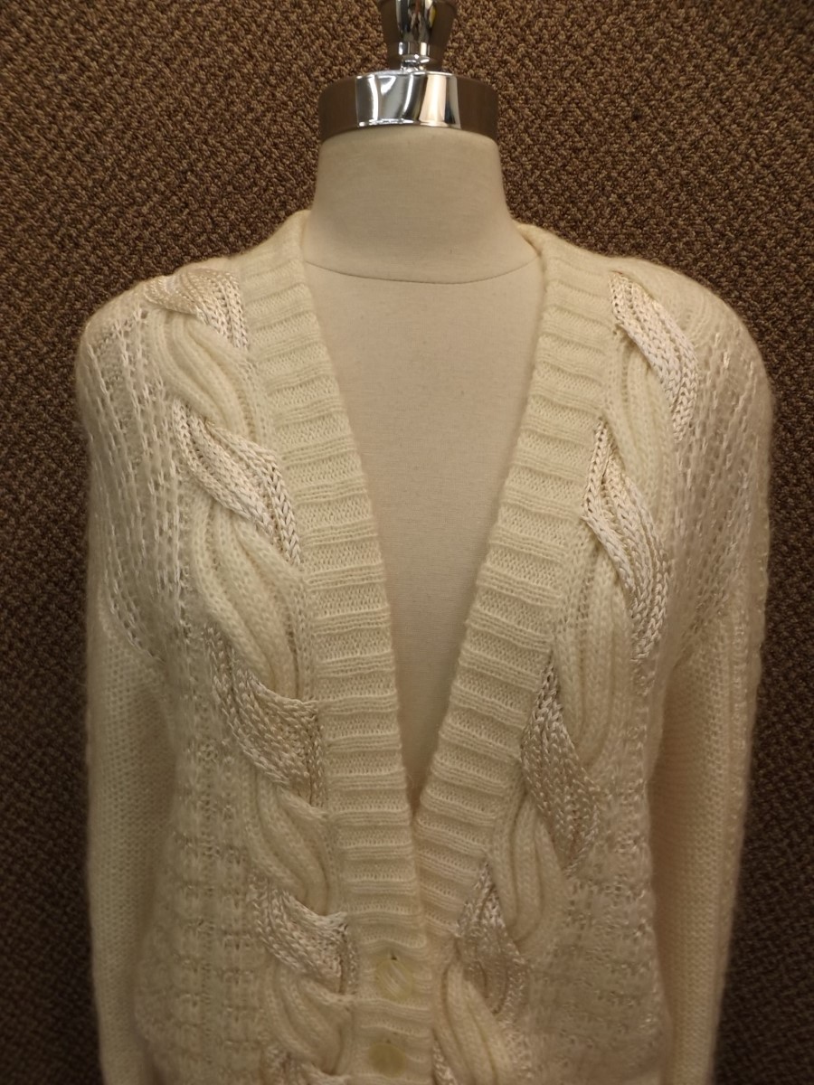Vtg White Mohair Loose Thick Cable Knit V Neckline Cardigan Sweater Womens M