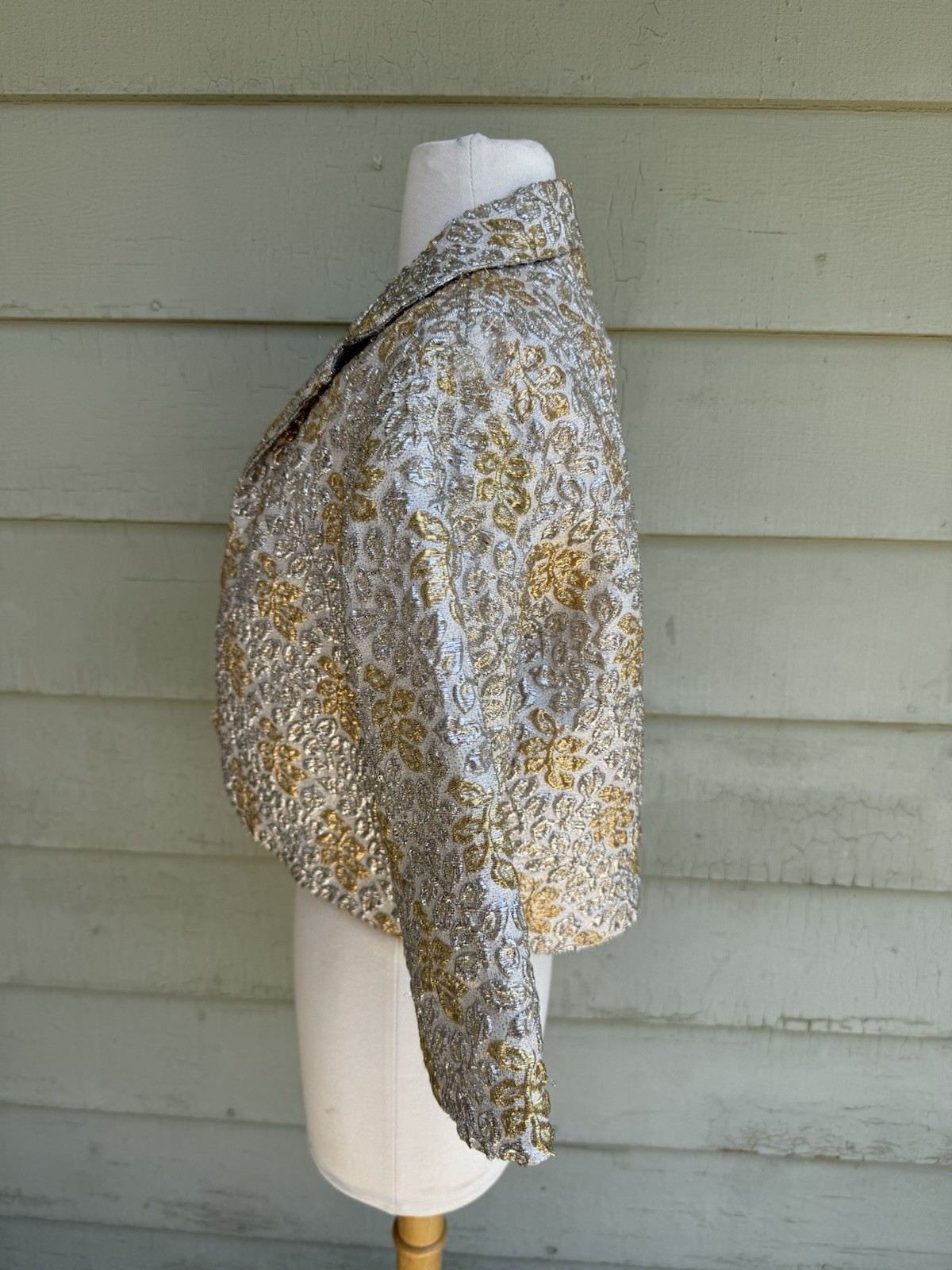 Vintage 60s Gold Silver Lamé Jaquard Evening Bolero Jacket S/M Open Front