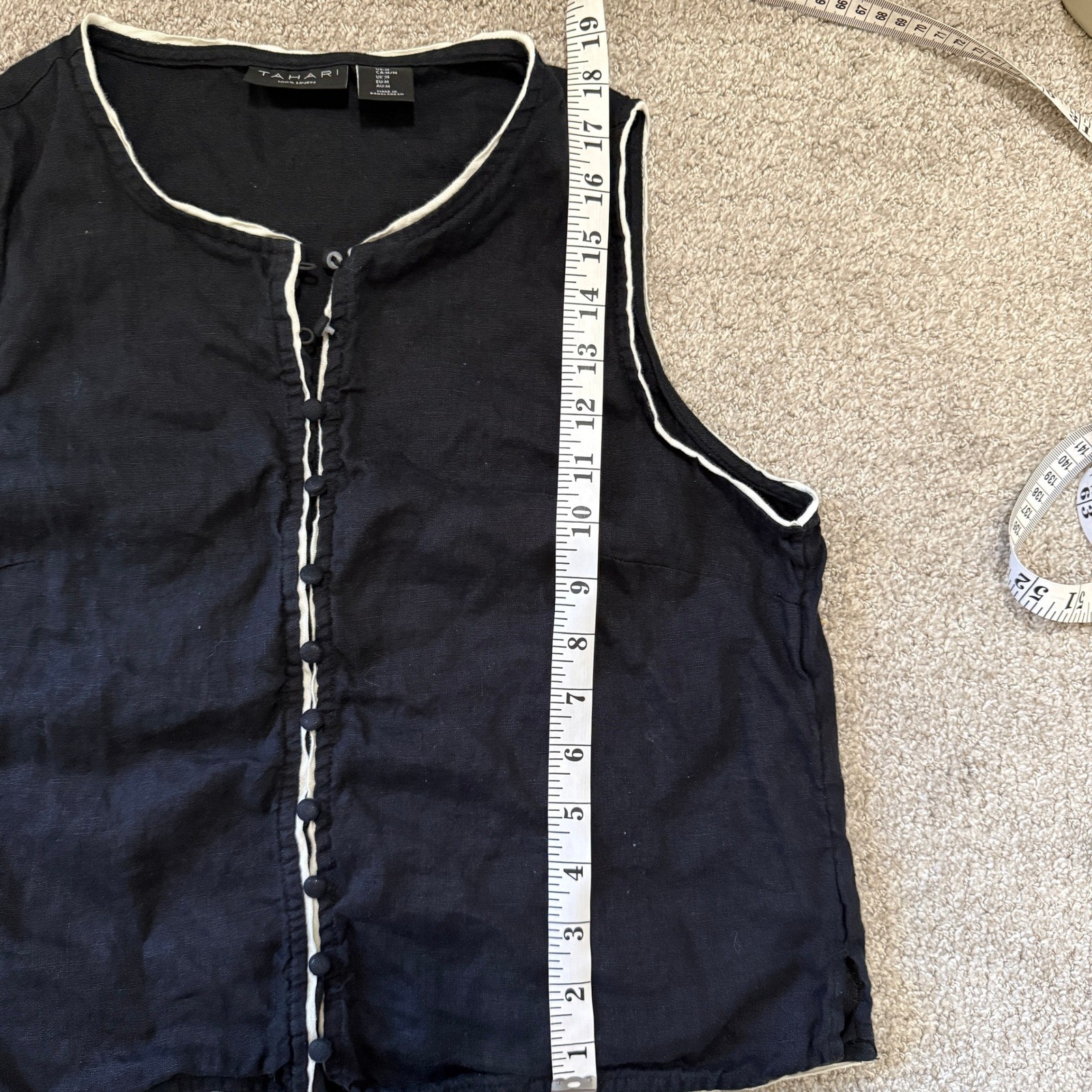 Tahari Black 100% Linen Button Front Vest Top Medium Minimal Elegant Old Money