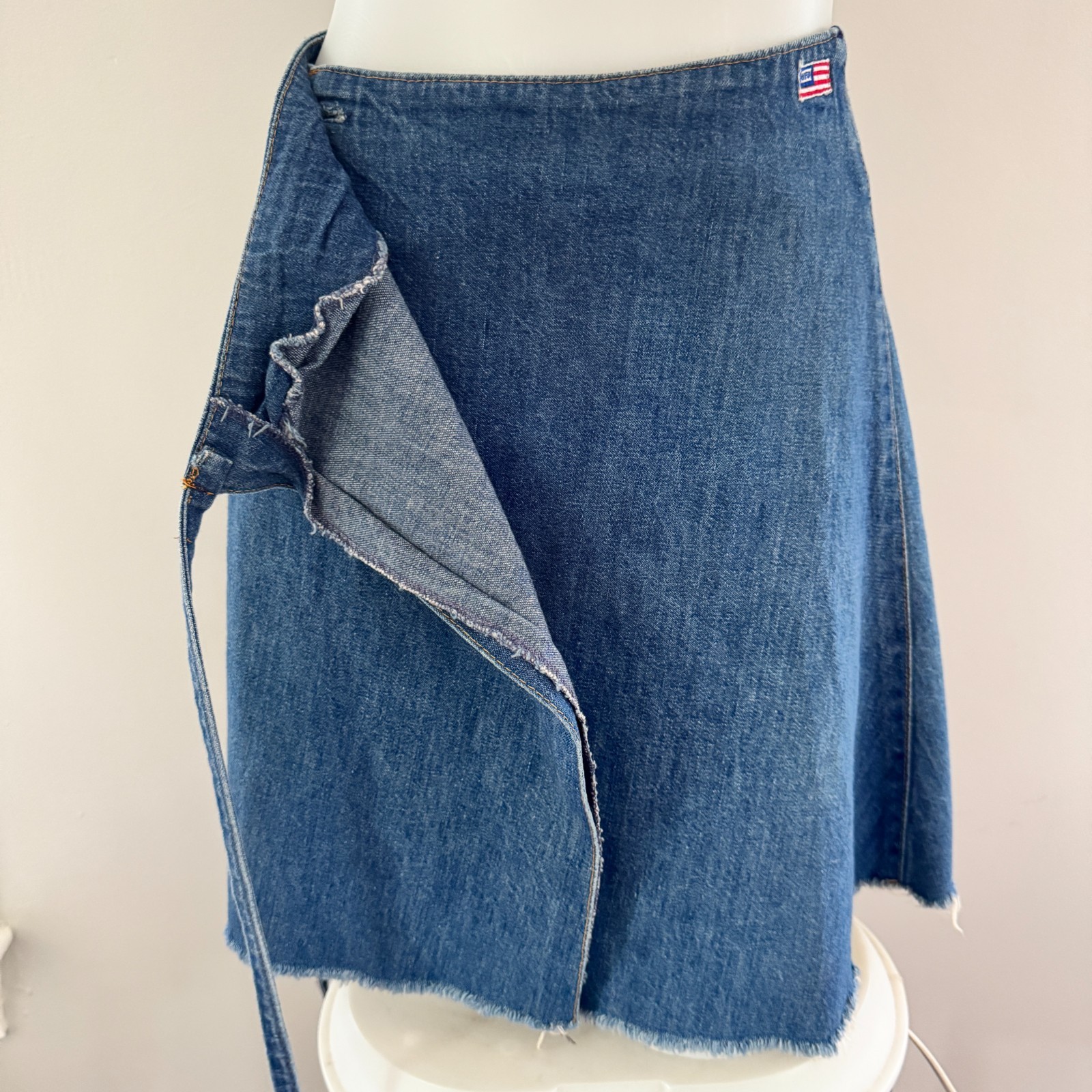 70s vintage UFO JEANS Denim Cut-off Wrap Mini Skirt USA NY American Flag Patch