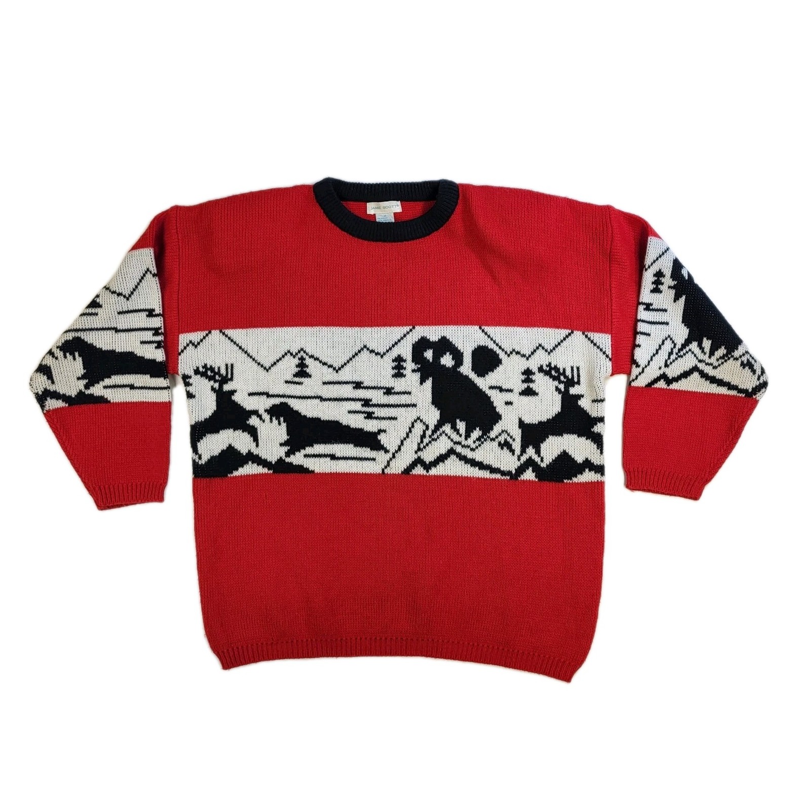 Vtg Jamie Scott Red Knit Sweater Reindeer Antelope Retro Ugly Christmas Cozy 80s