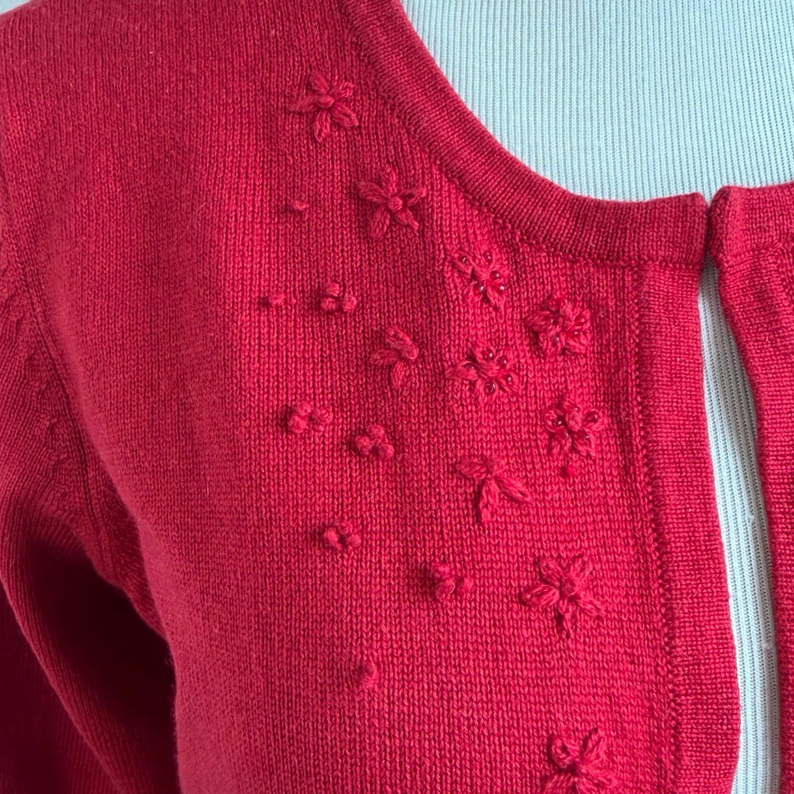 Vintage Red Silk/Cashmere Cardigan Sweater Size Medium 90s Floral Embroidered