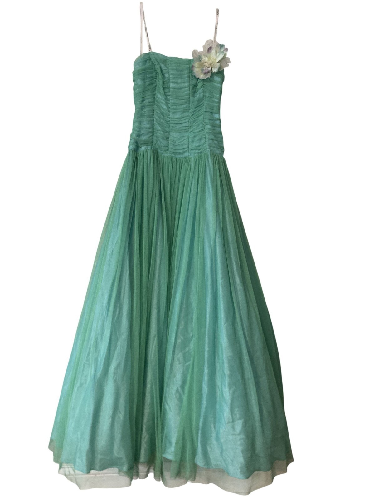 Roberta Vintage 1970s Tulle Prom Dress With Floral Detail & Ruched Bodice