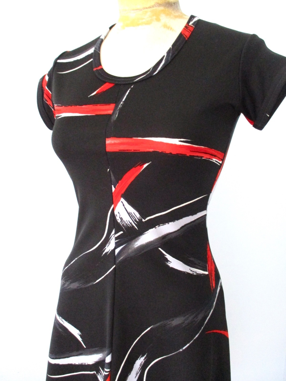 Vtg 60s 70s Black Red White Abstract Paint Strokes Poly Knit Fit Flare Dress 7
