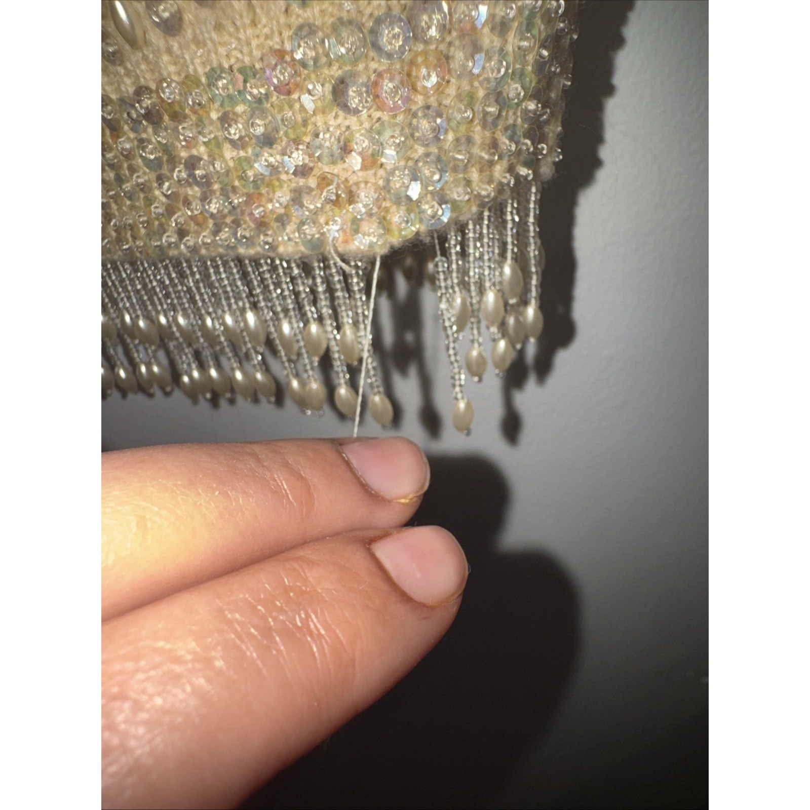 Vintage Beaded Sequin Knit Tank Top Cream Champagne Pearl Fringe Shell L