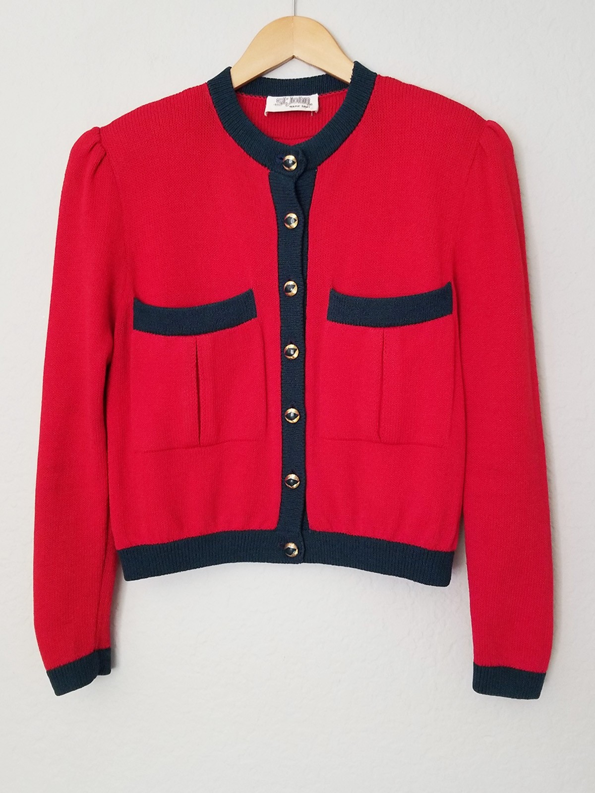 St. John Mary Gray Vintage Red Blue Button Up Cardigan Crop Santana Knit Size 10