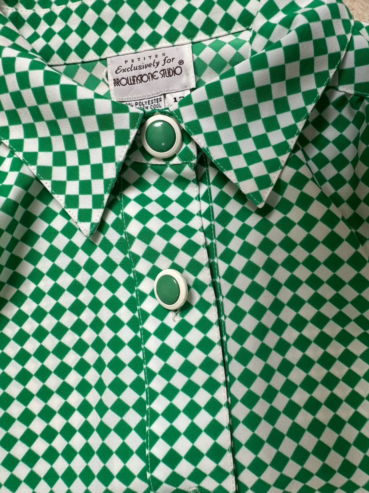 Vintage 70s Brownstone Studio Mod Shirt Dress Green Check Pockets Petite 12