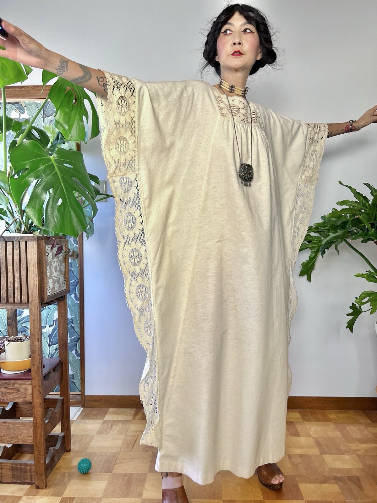 1970s Miss K by Alfred Shaheen Crochet Lace Caftan Dress Boho Cotton Maxi Kaftan