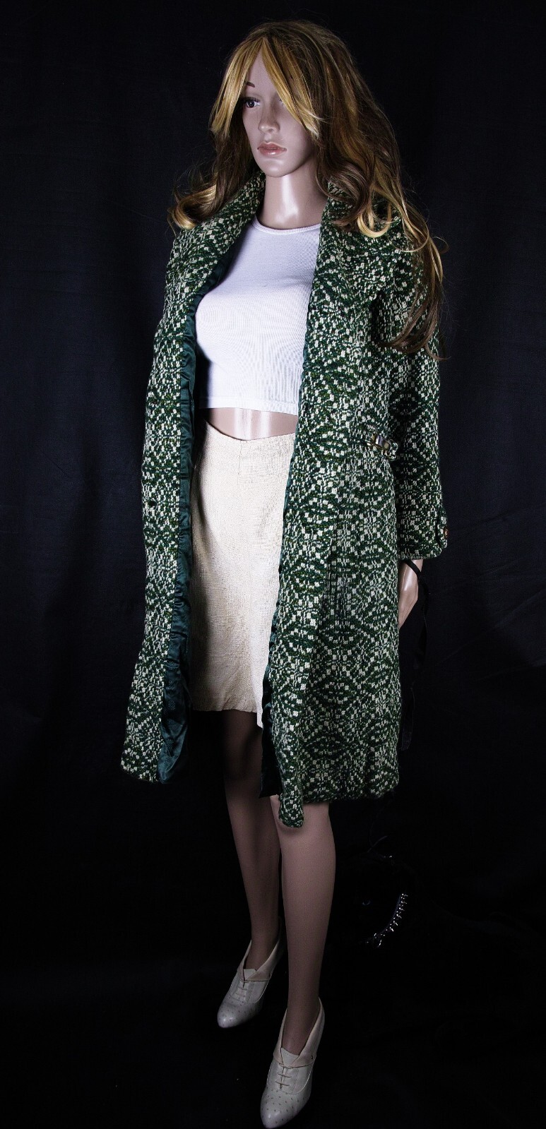 Vtg. Wool Coat Dress Coat Fishelle Green Look Feel Angora Cashmere Silk Sz S