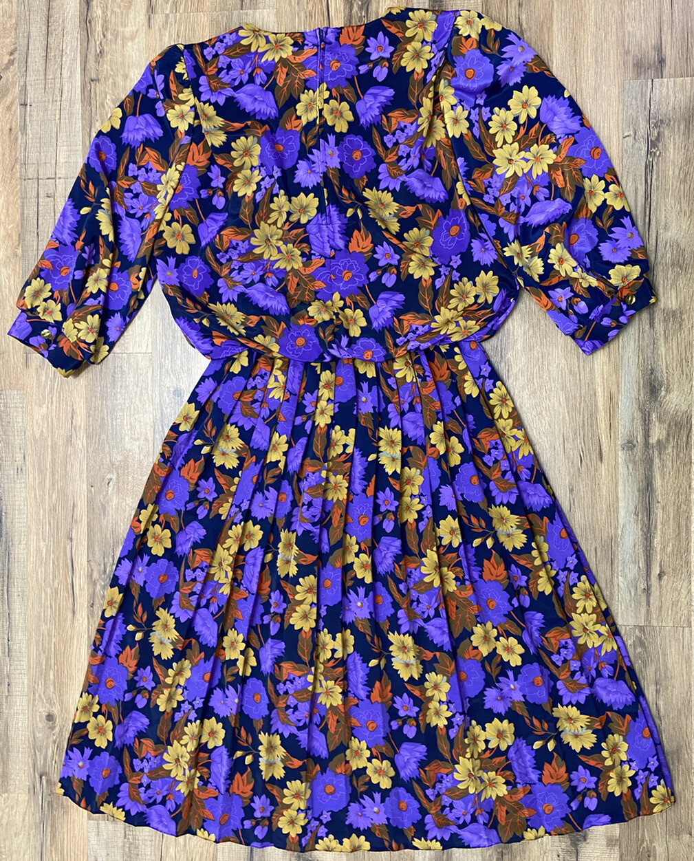 Vintage Shelly Michaels Purple Yellow Floral Pleated Blouson Dress Women’s 15/16