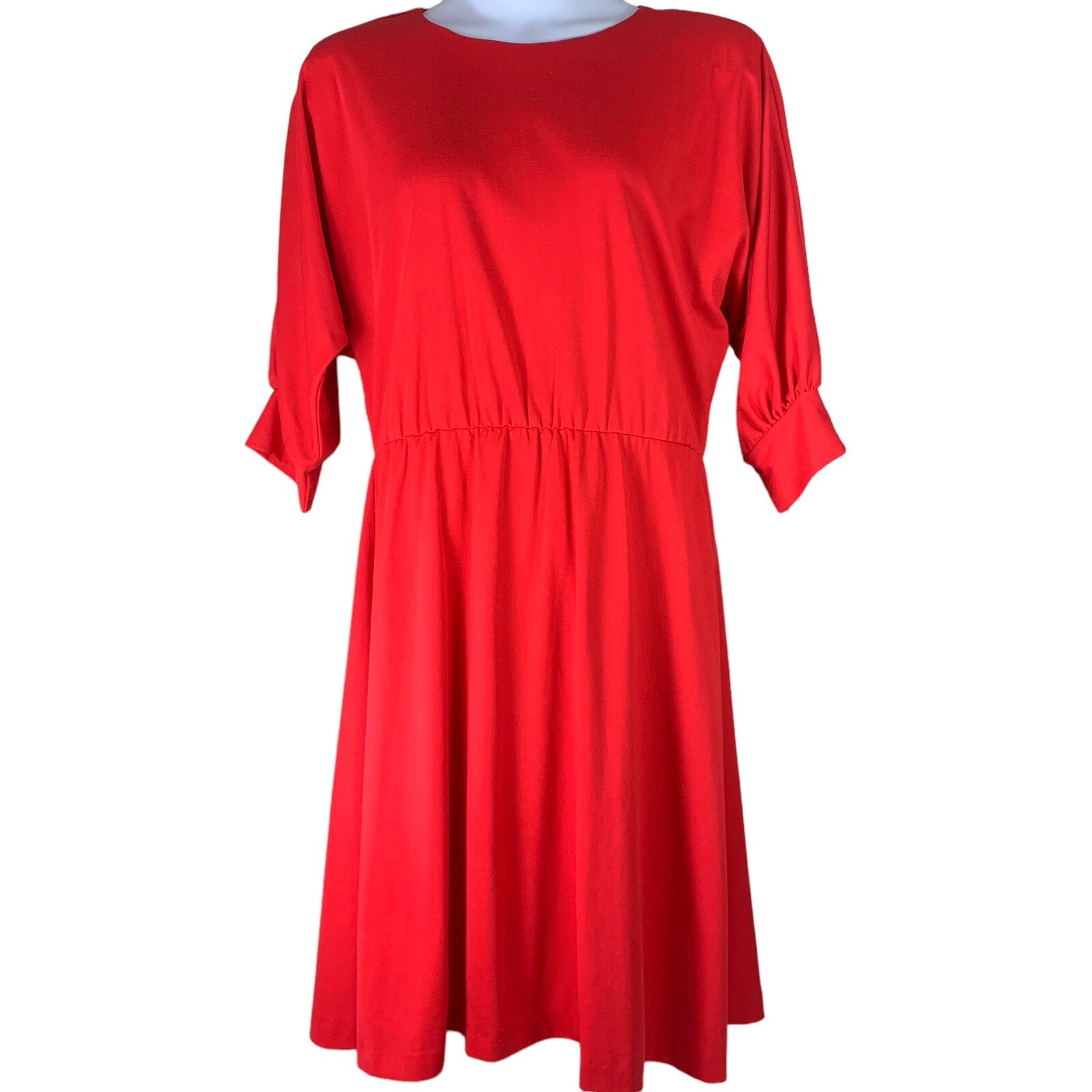 Vintage Dress Sz 16 Red 3/4 Sleeve Fitted Waist Midi Length Miss Oops California