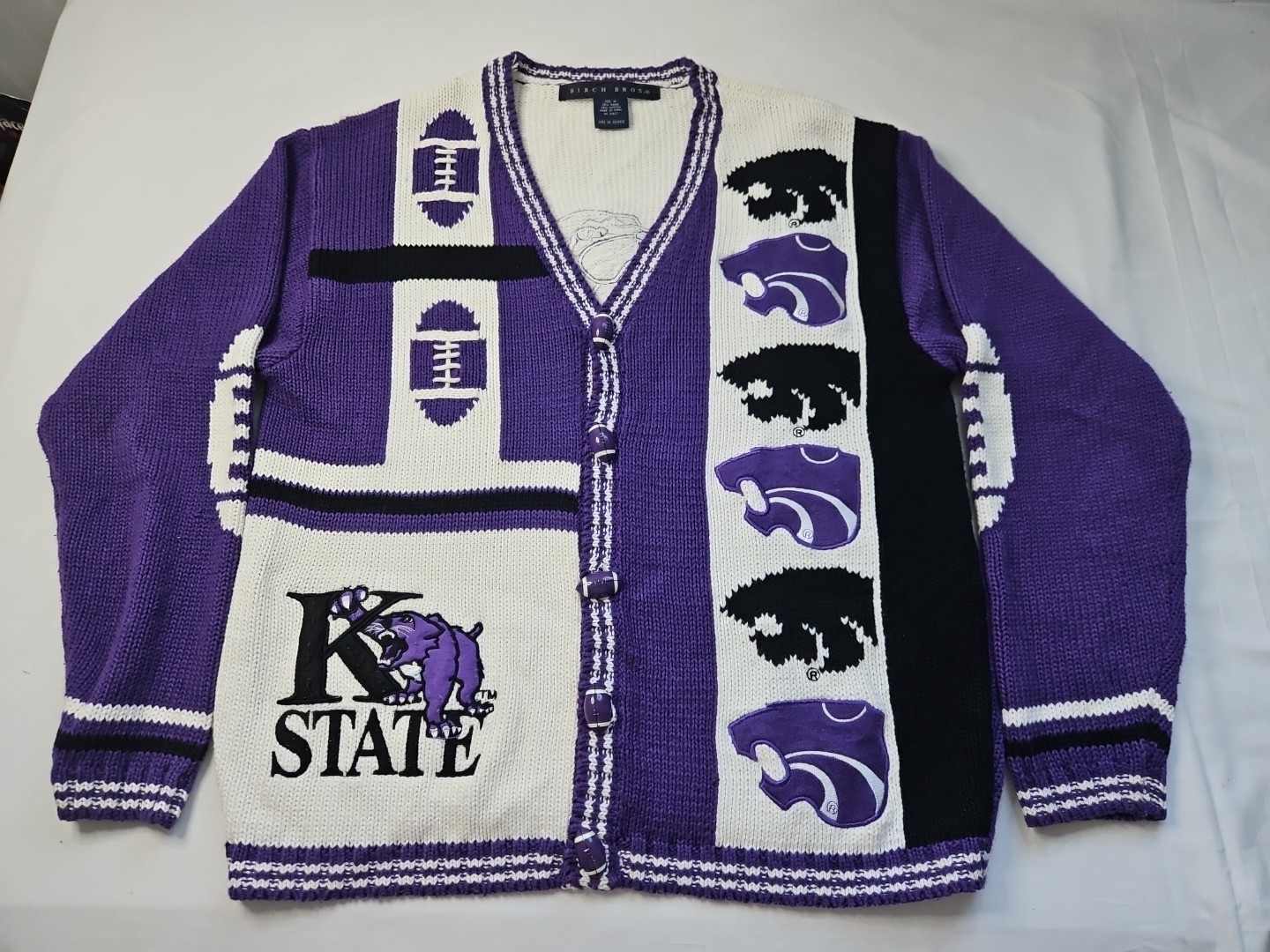 Vtg K-State Wildcats Knit Cardigan Birch Bros Cheerleader Sweater 90s Sz M 21×25