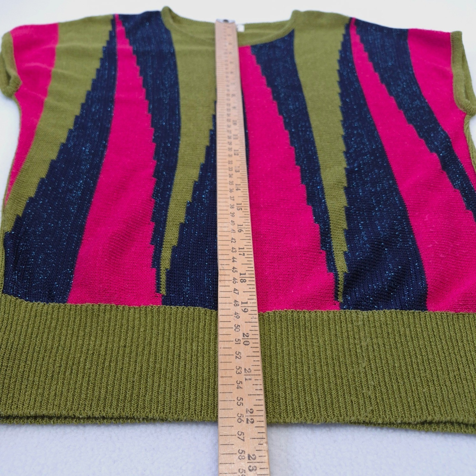 Bell House Sweater Top Green Pink Navy Sz M Vintage 80s Geometric Metallic Knit