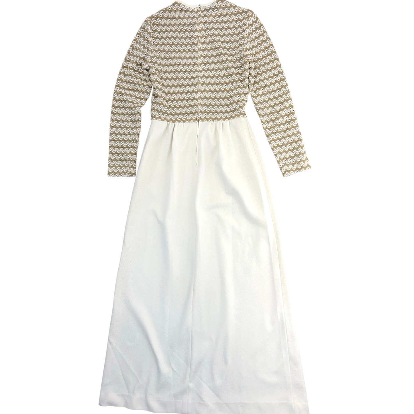 Vintage 1960s Ivory Gold Knit Maxi Dress Long Sleeve Sheer Bodice Women’s XS