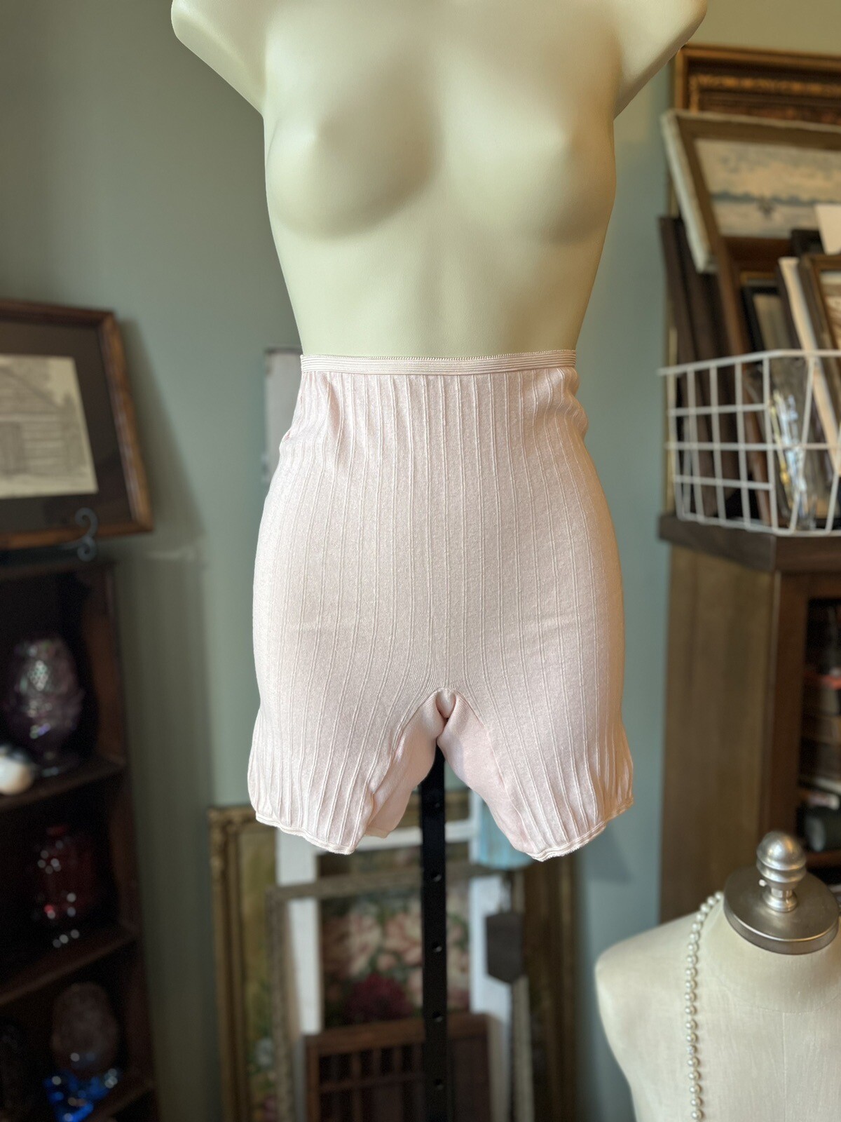 VTG 60-70s STRETCHY RIB KNIT HIGH WAISTED LONG LEG KNICKERS BLOOMERS PINK (2)