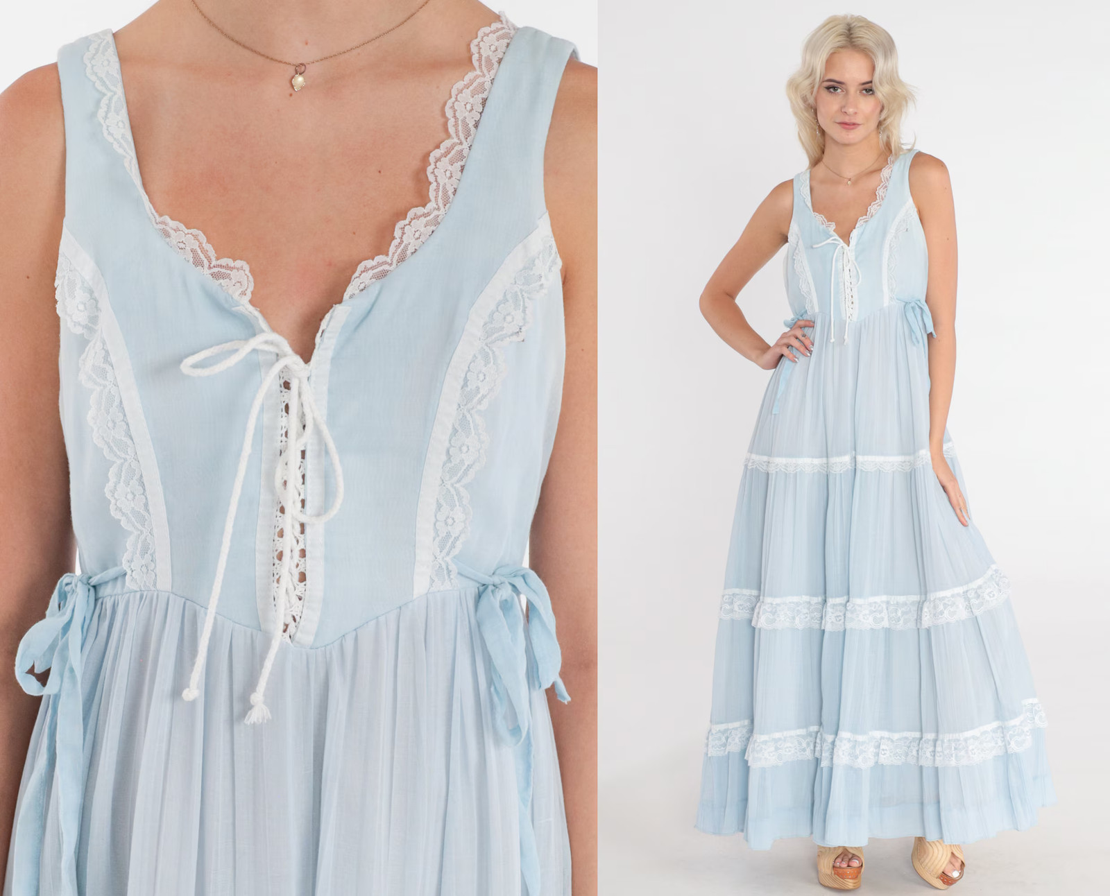 70s Gunne Sax Dress S Baby Blue Sundress Vintage Prairie Maxi Bohemian Lace Up S