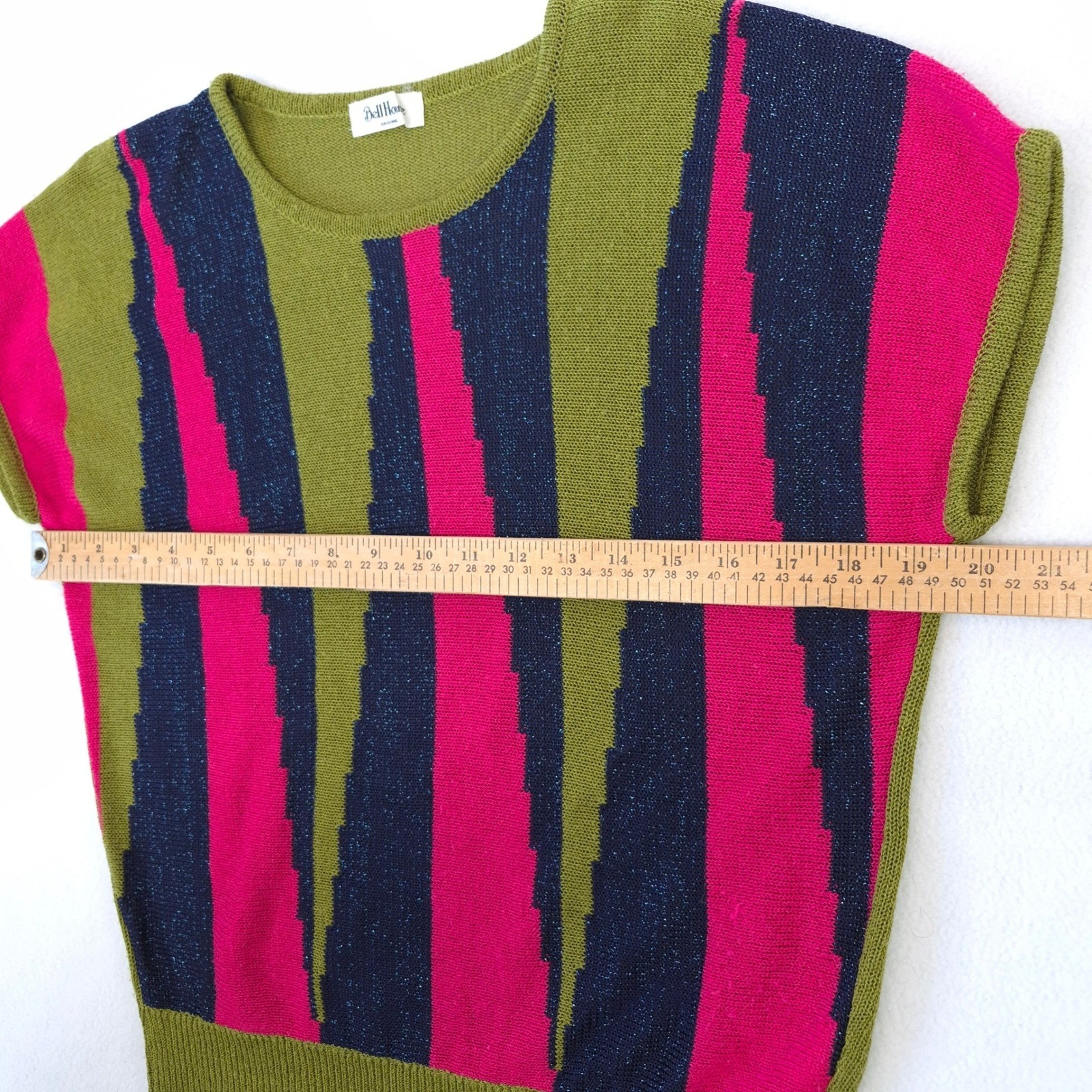 Bell House Sweater Top Green Pink Navy Sz M Vintage 80s Geometric Metallic Knit