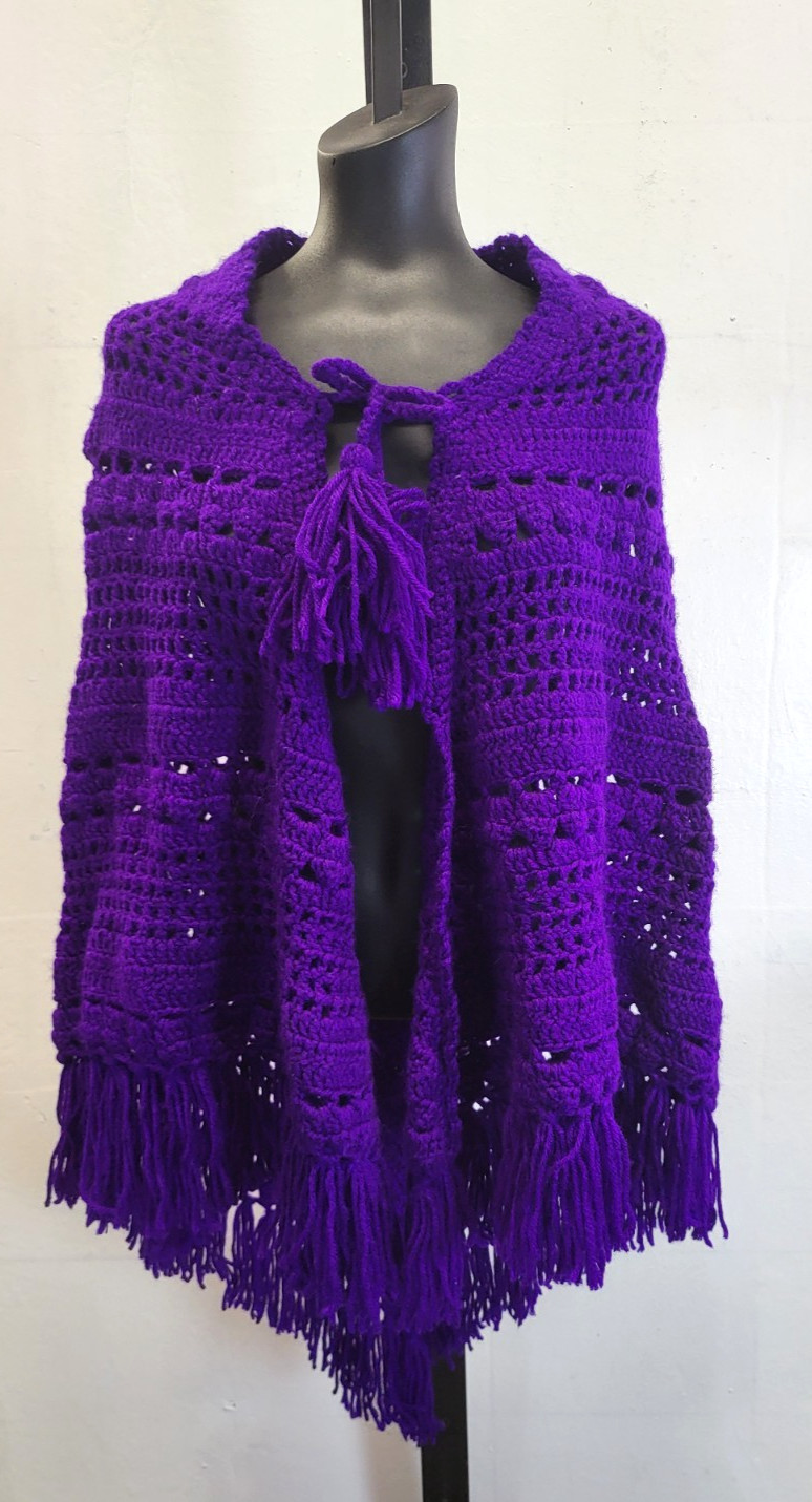 Vintage Crochet Poncho Deep Purple w/Fringe Handmade Boho Hippie Granny Core