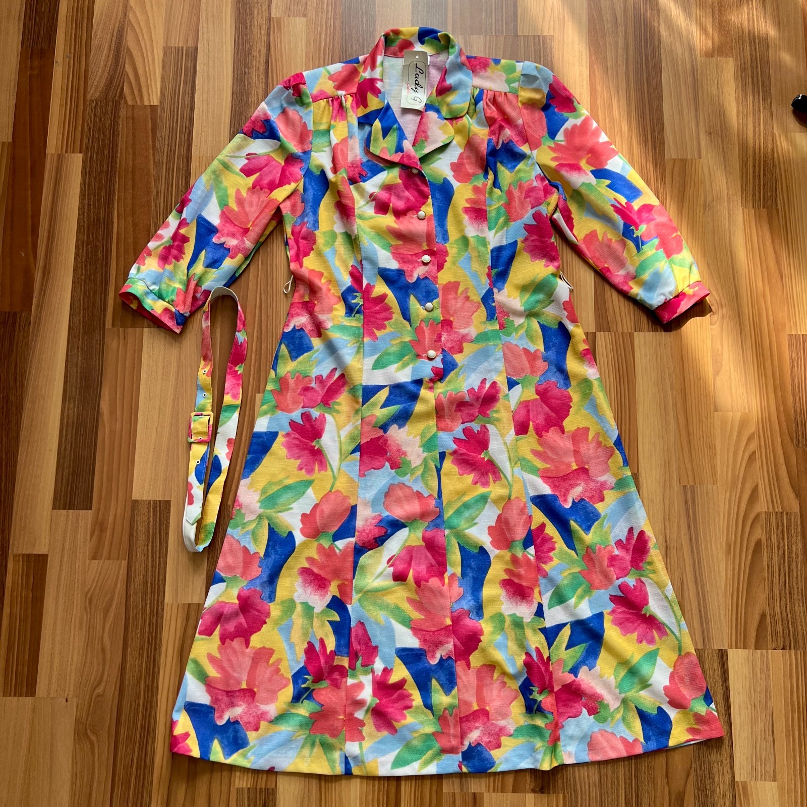 1970s Floral Midi Dress NWT Button Front Belted Long Sleeves Aline Retro EU 42