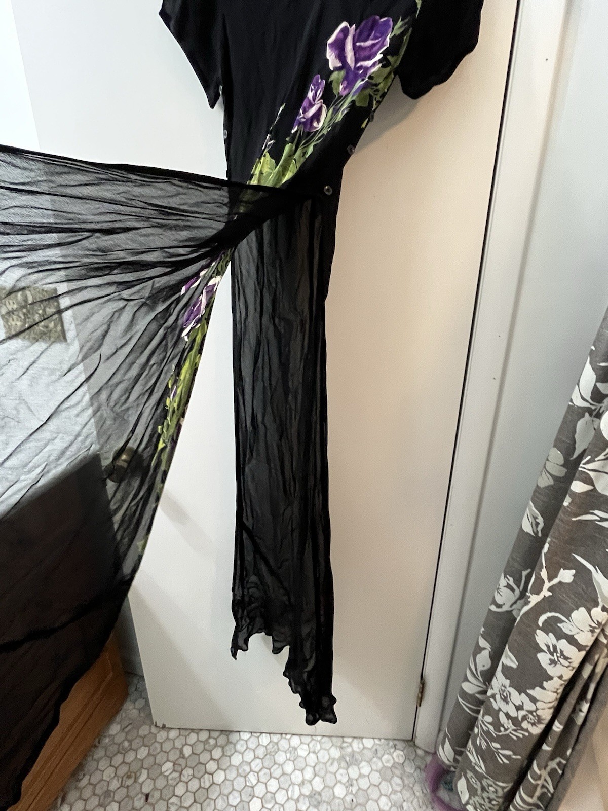 Vtg American Angel Floral Black Maxi Dress Coverup L 90s Grunge Whimsigoth Fairy