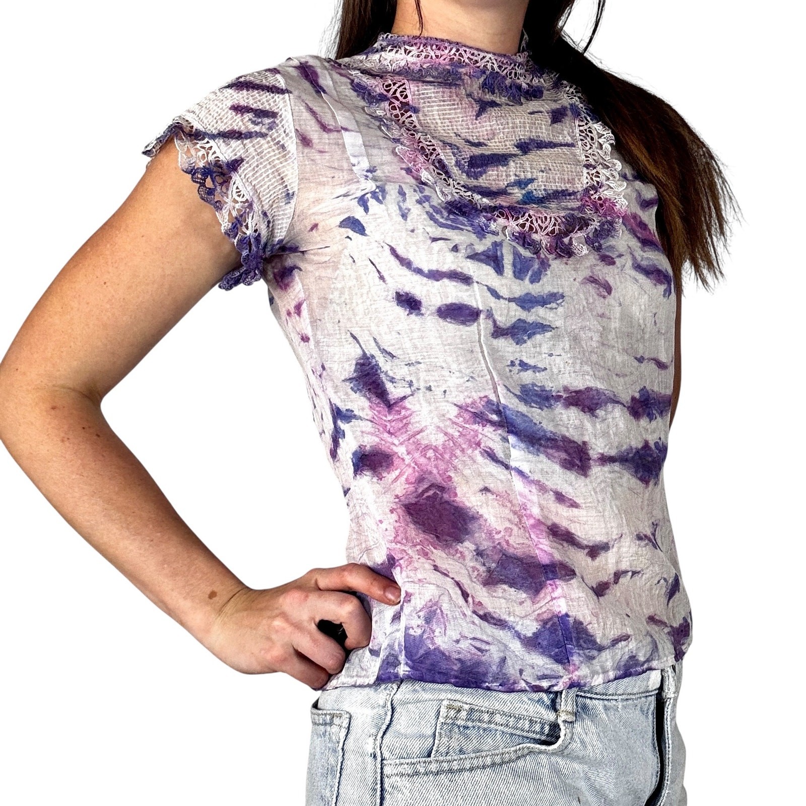 Antique 1940s Hand Dyed Shibori Silk Cotton Blouse Lace Micropleated Purple Blue