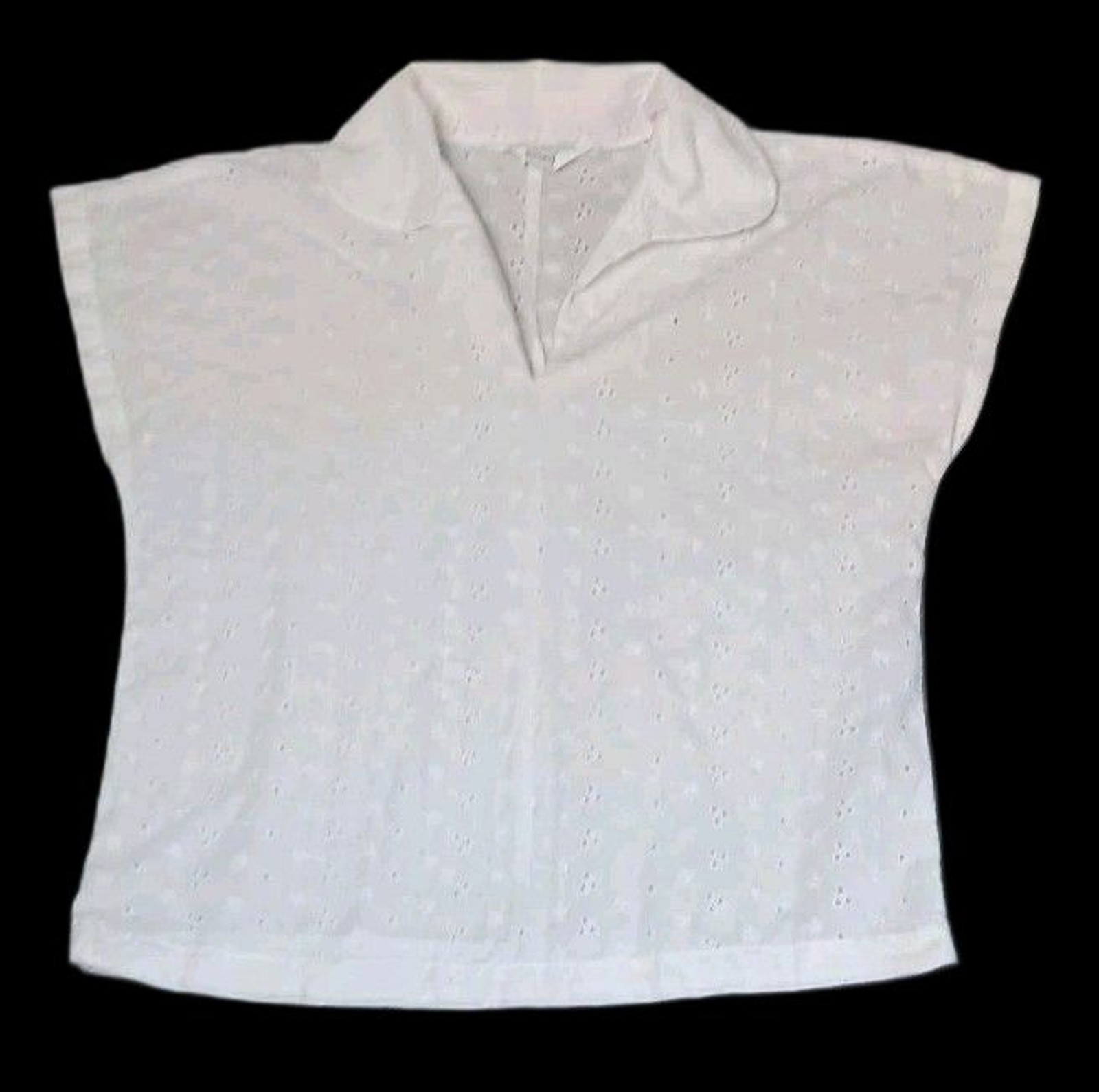 VTG Sears Cap Sleeve Eyelet Pointelle Camp Collar Blouse Small White Preppy Boho