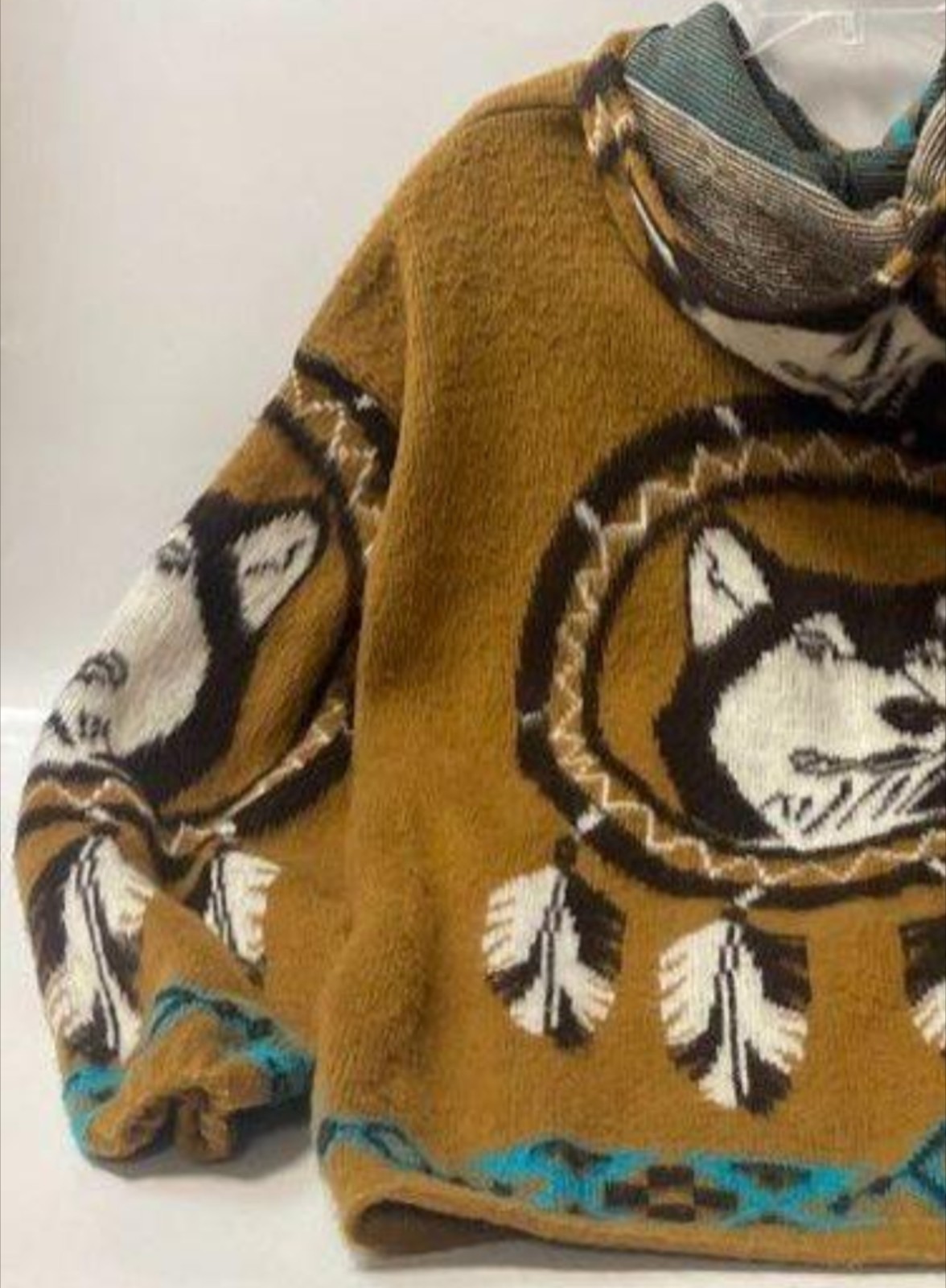 Artesanias Tuntaquimba Handmade Wool Wolf Sweater Jacket XL Native American WOW