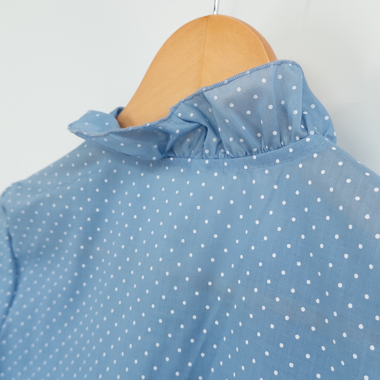 Vintage Prairie Blouse Womens S Blue Polka Dot Ruffle Cottage Granny Retro Femme